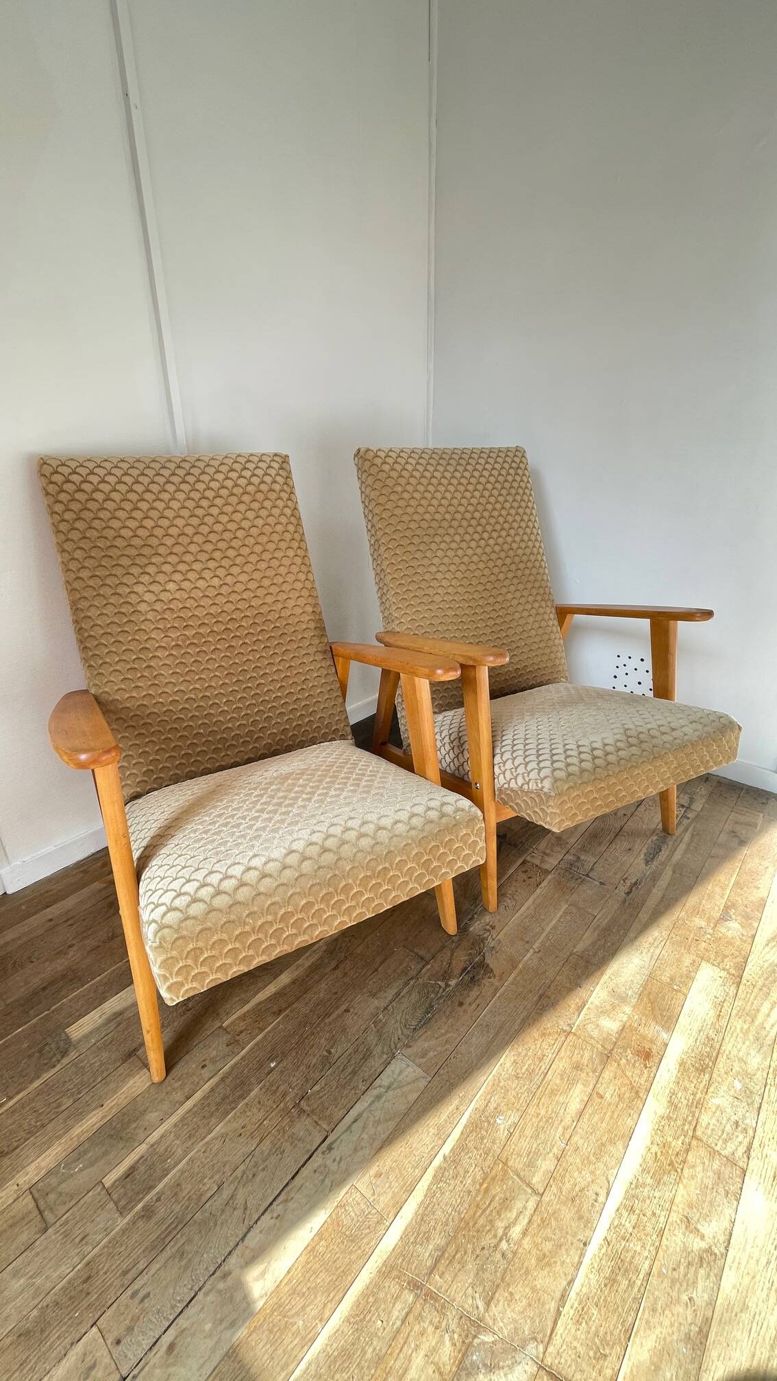Pair of Manucere armchairs with vintage compass legs