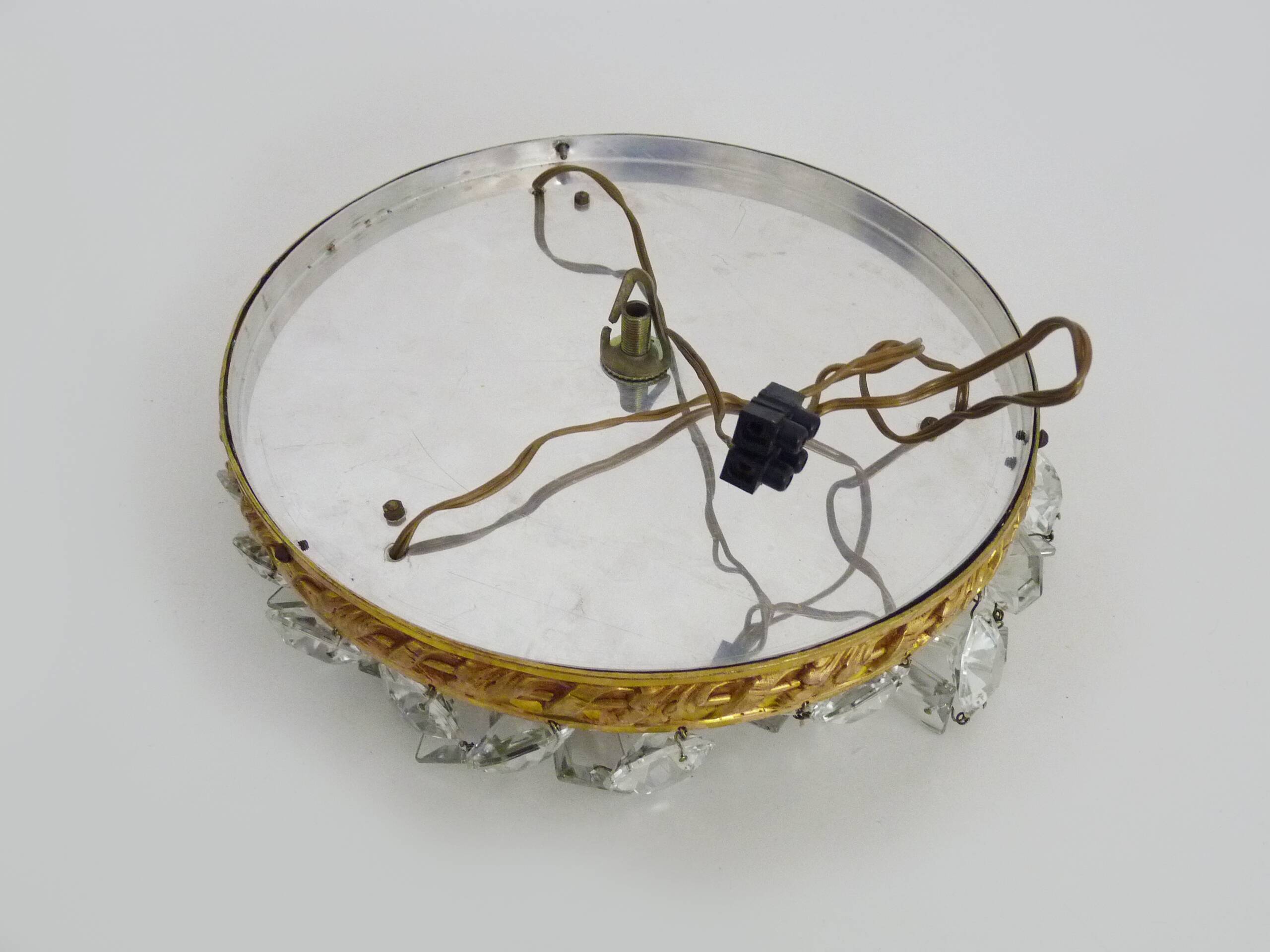 Old crown ceiling light with 3 lights, half basket with glass pendants.