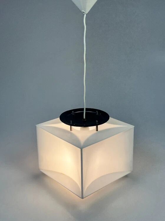 Lampe pendentif blanche vintage Cube, époque spatiale, années 1970