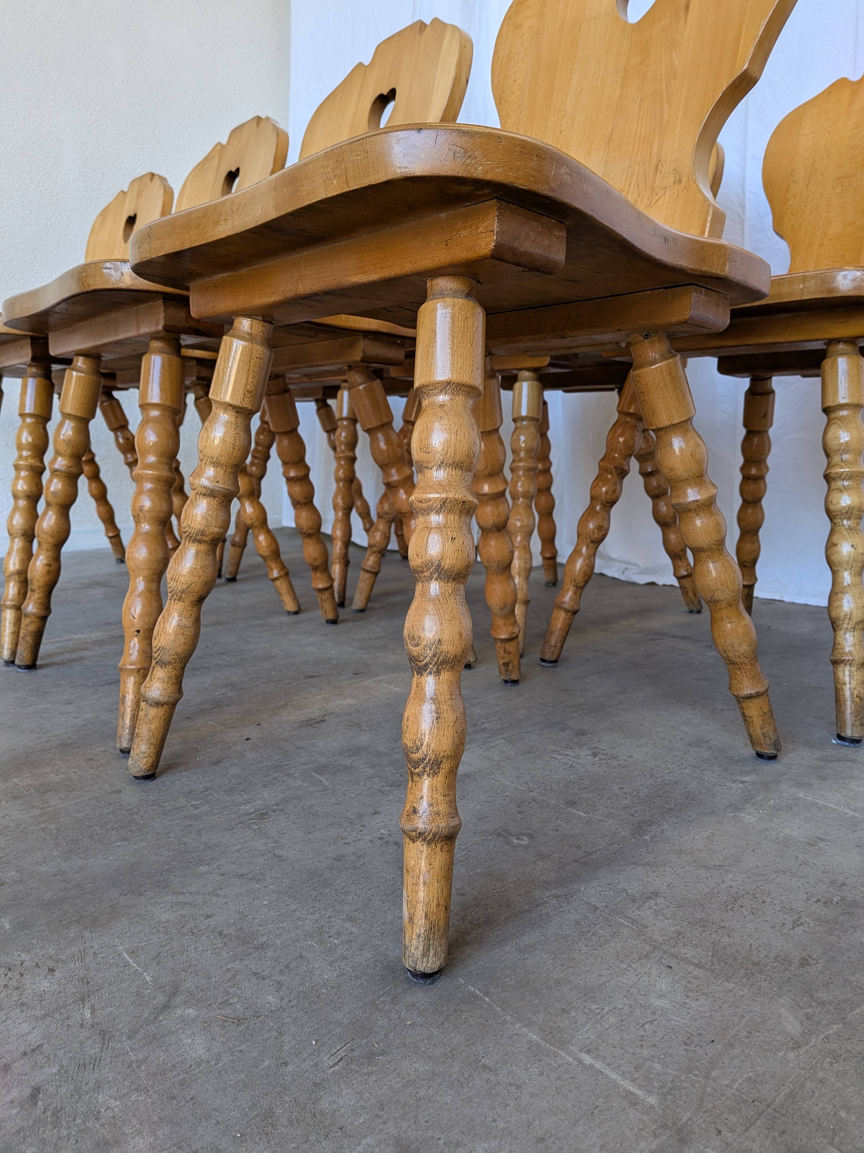 Set of 8 Vintage Tyrolean Heart Cutout Wooden Dining Chairs, Rustic Farmhou