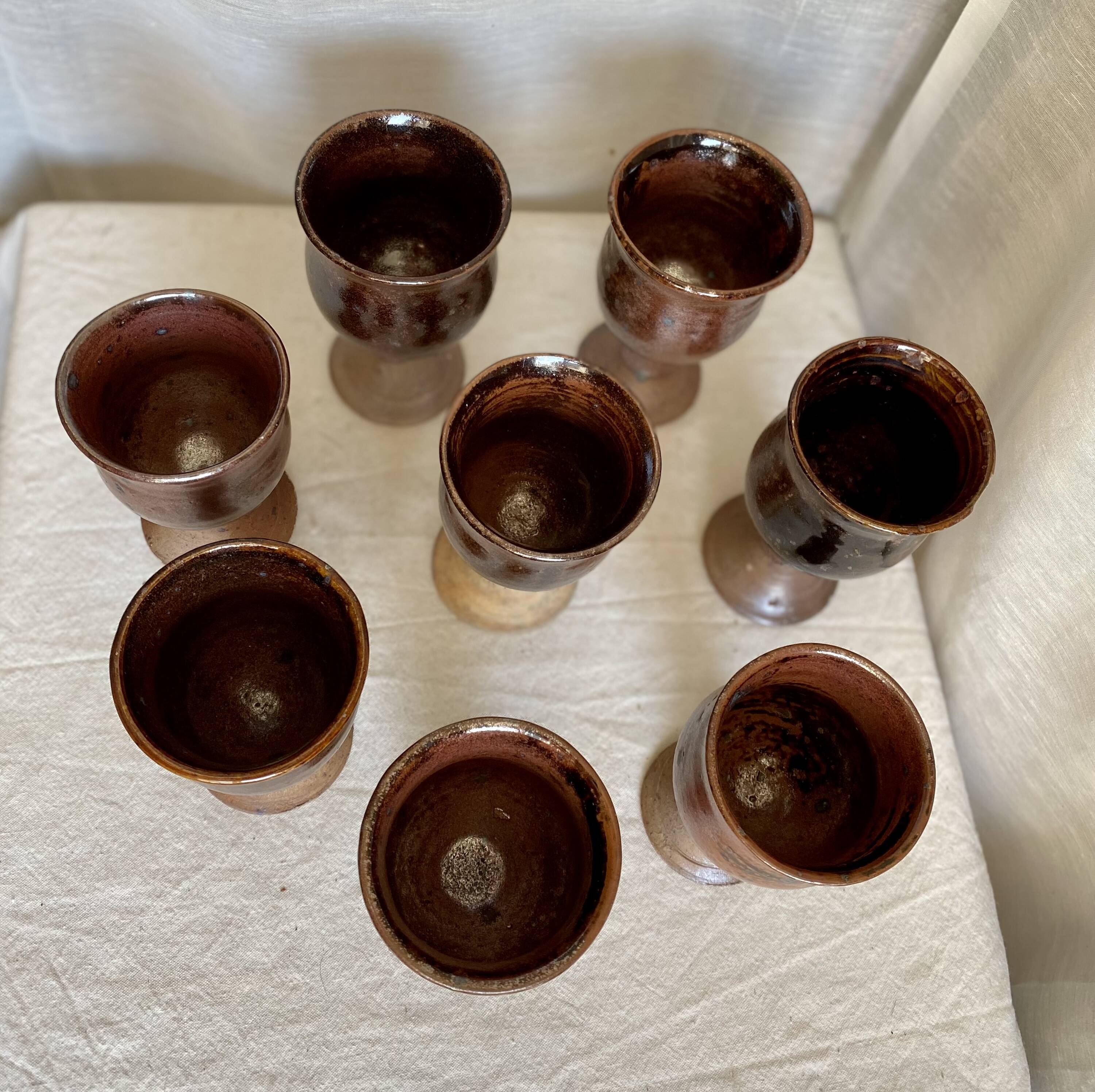 Service de 8 verres grès pyrite vintage 1960 d'Albert THIRY (Vallauris)