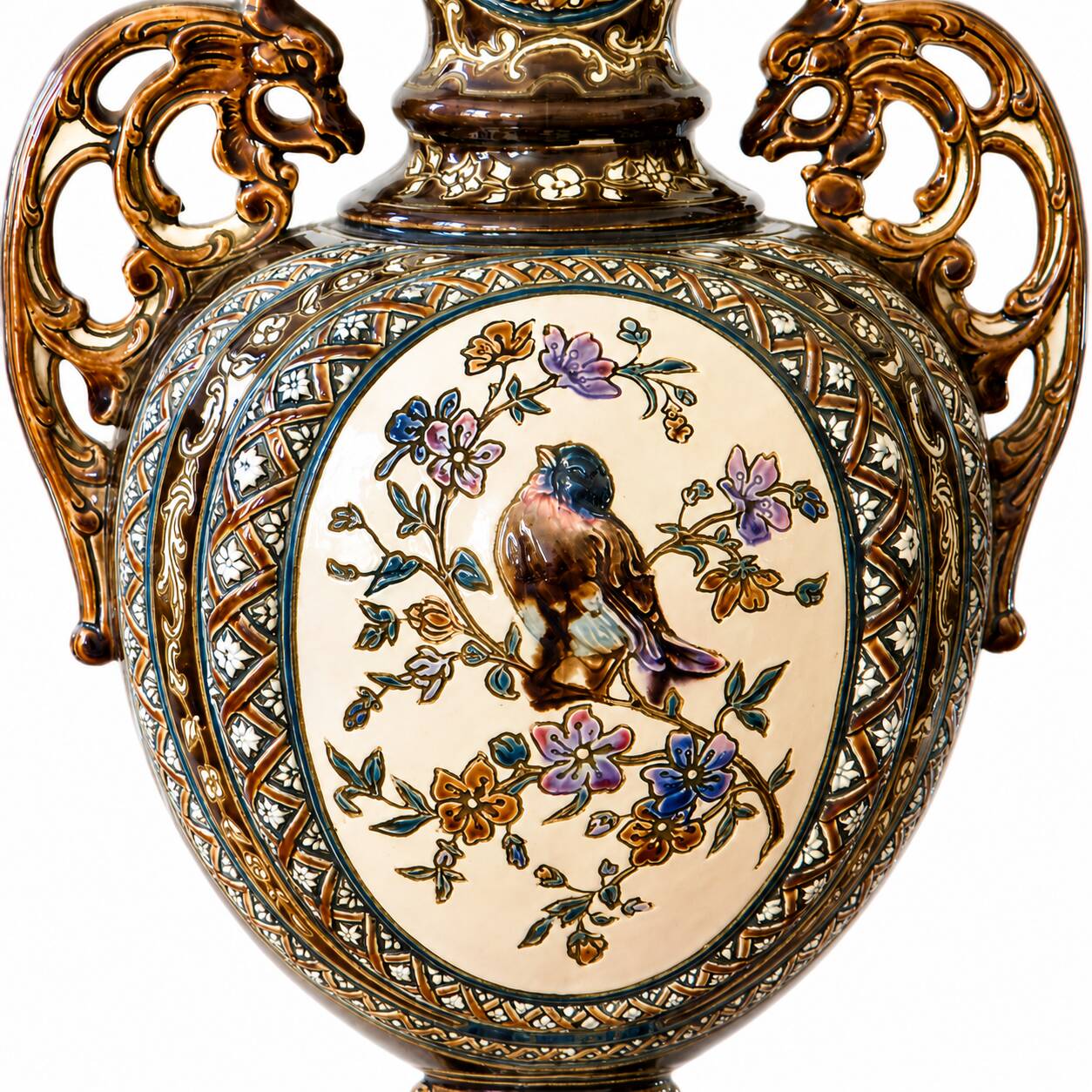 Paire de vases balustres en majolique de 1885 signés Gerbing & Stephan
