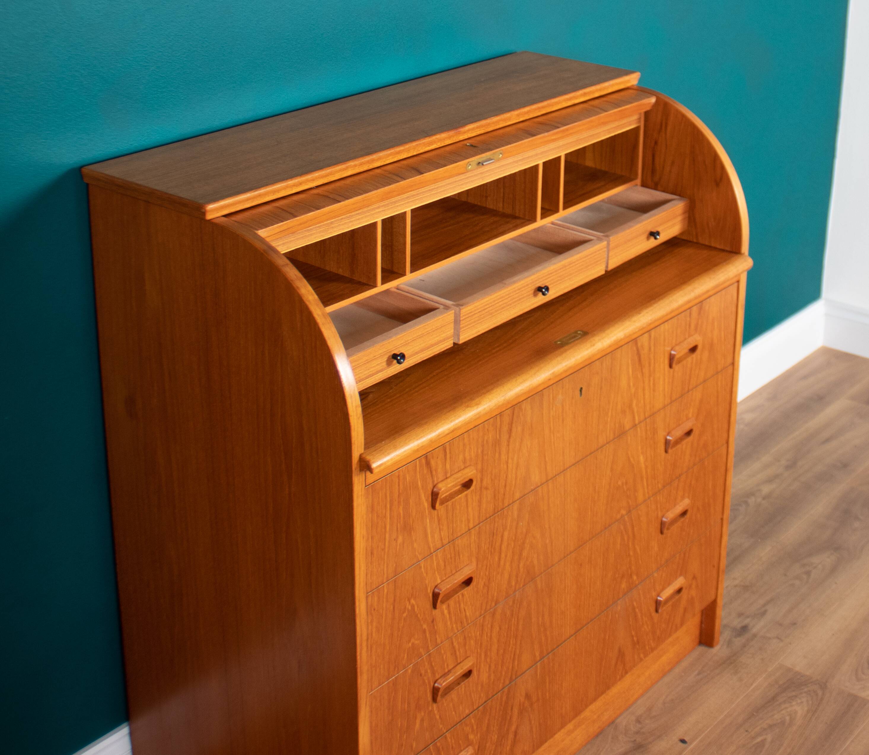 Retro Teak 1960s Danish Tambour Front Roll Top Bureau Writing Desk