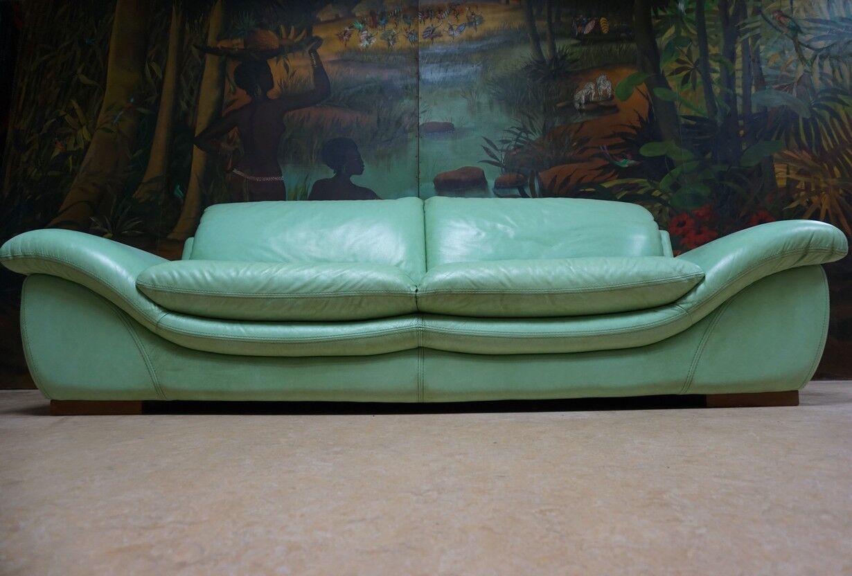 Vintage mint green leather sofa, 3-seater, 1970s