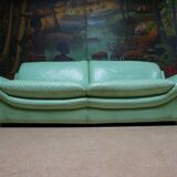 Vintage mint green leather sofa, 3-seater, 1970s