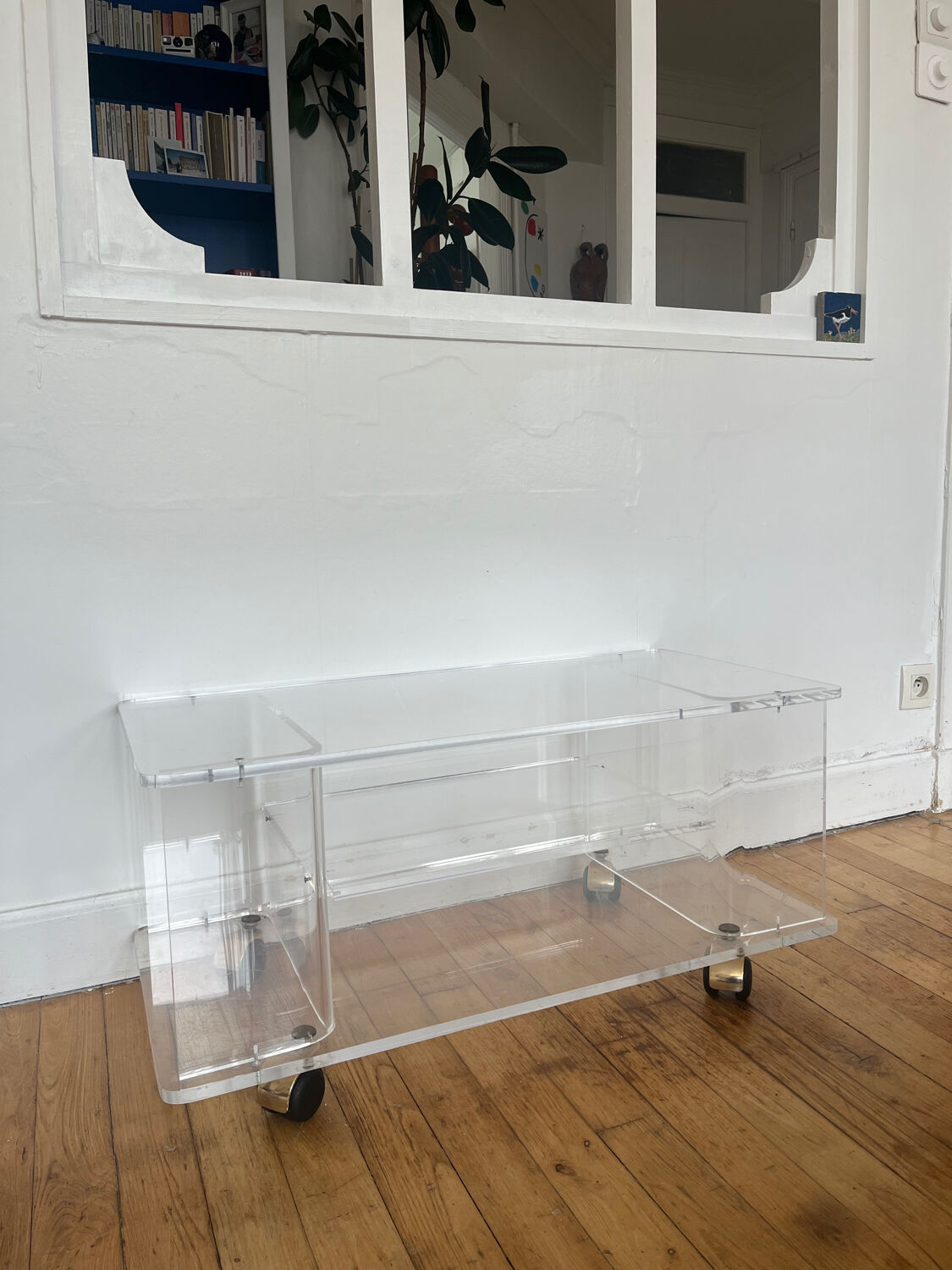 David Lange rolling side table in Plexiglas
