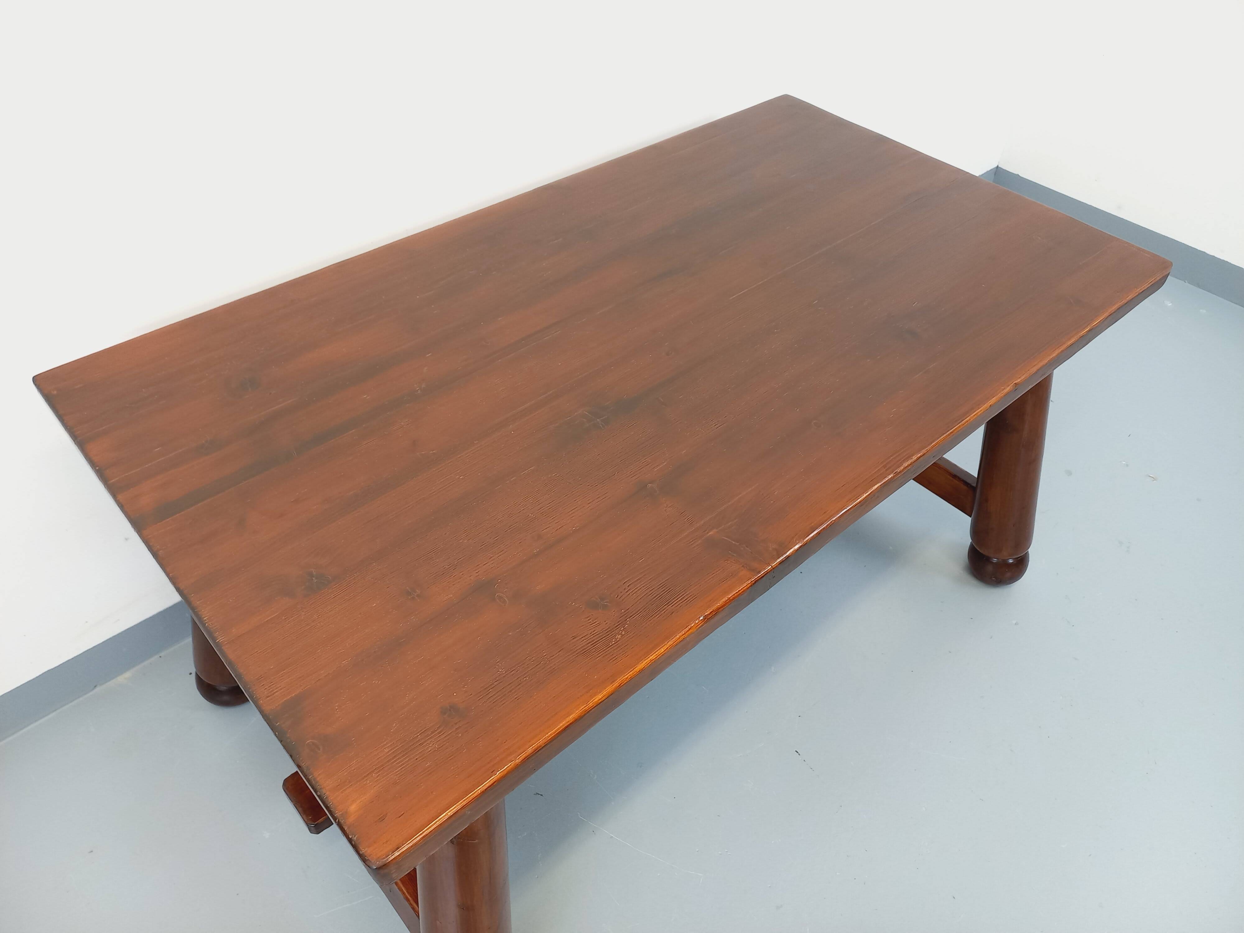 Brutalist rectangular dining table by Georges Robert in pine wood.
