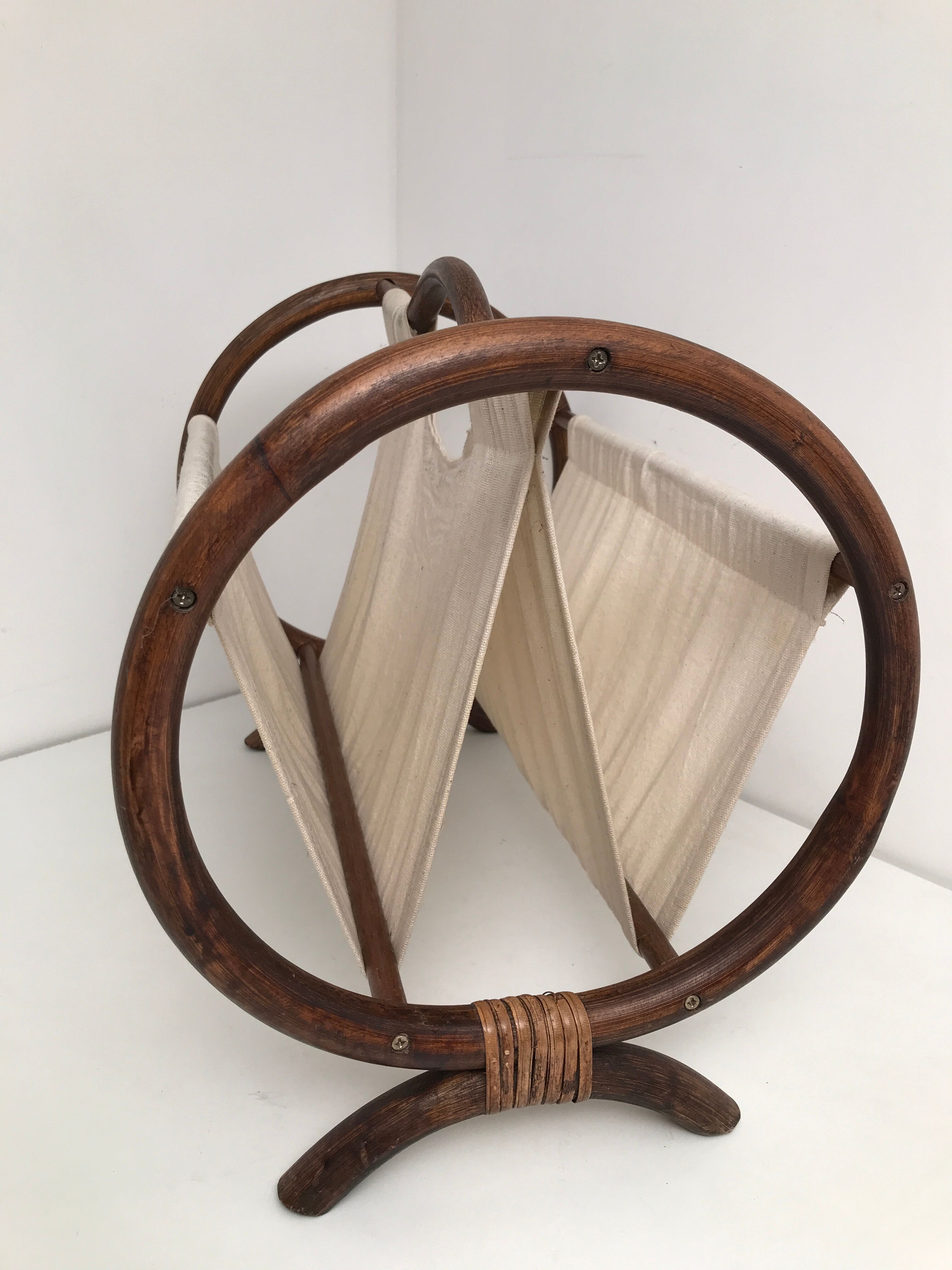 Magazine holders in rattan wicker and fabric 70s