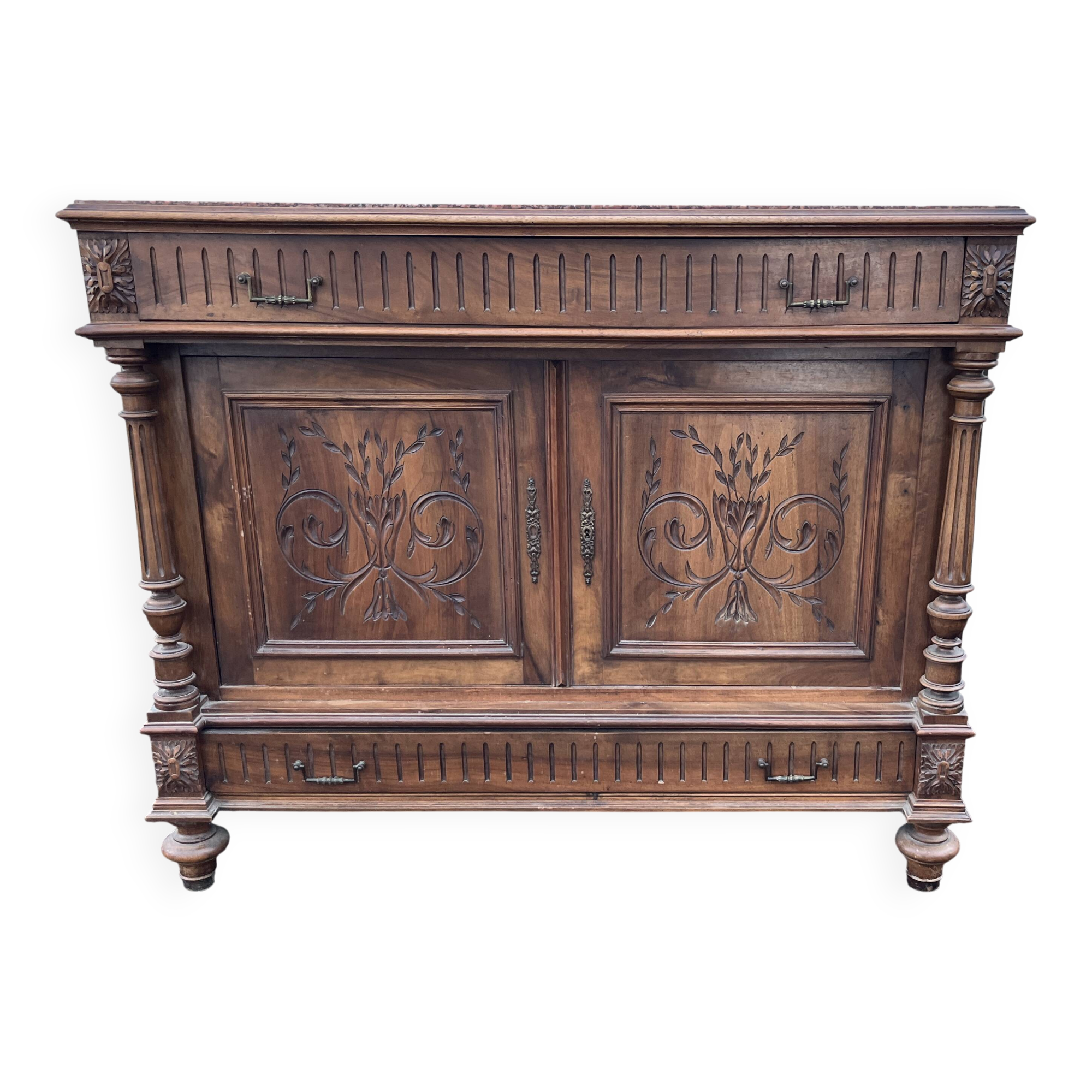 Henri II style low sideboard – carved wood and red marble top