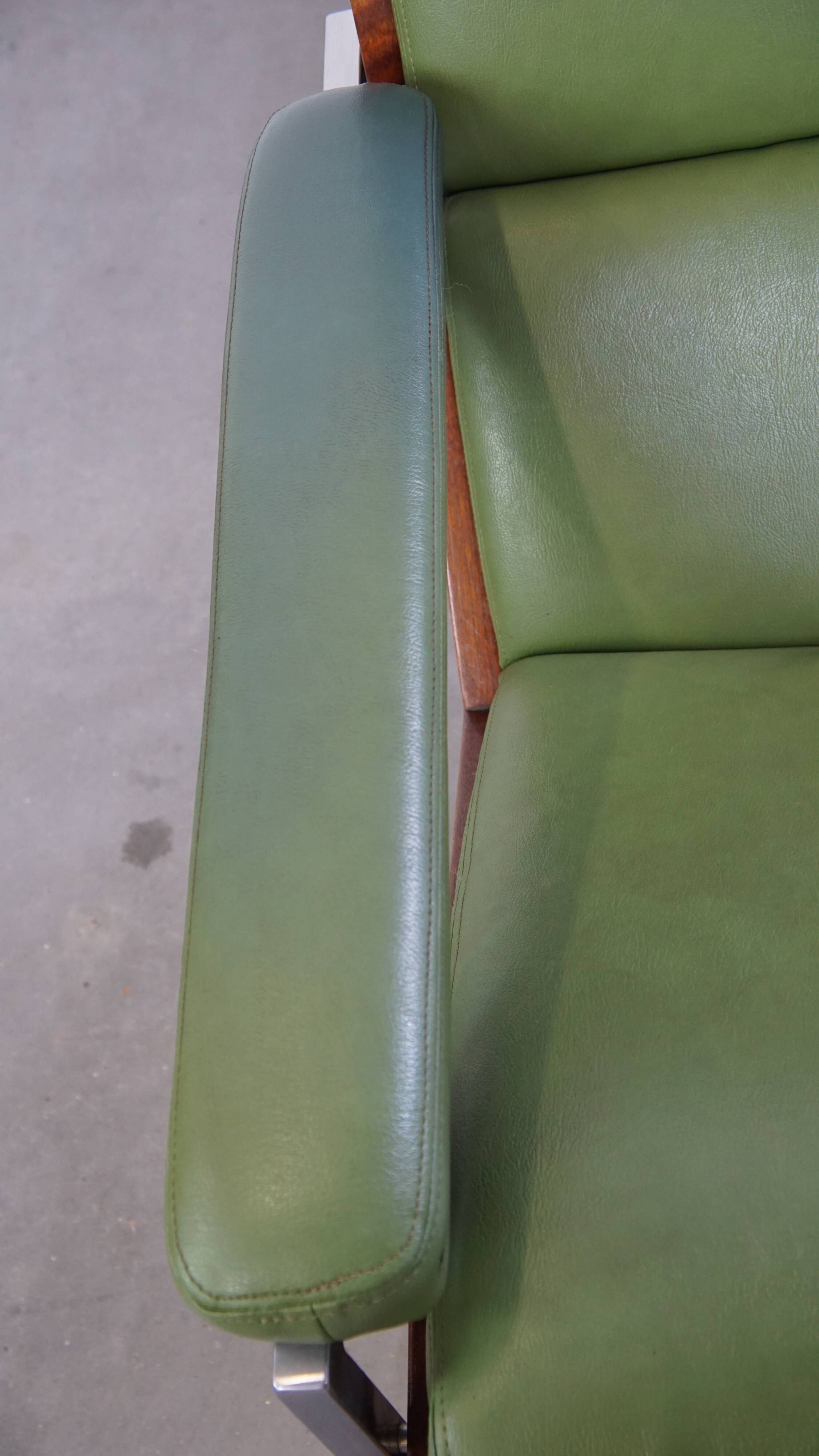 Green Cowhide Leather and Wooden Vintage Armchair