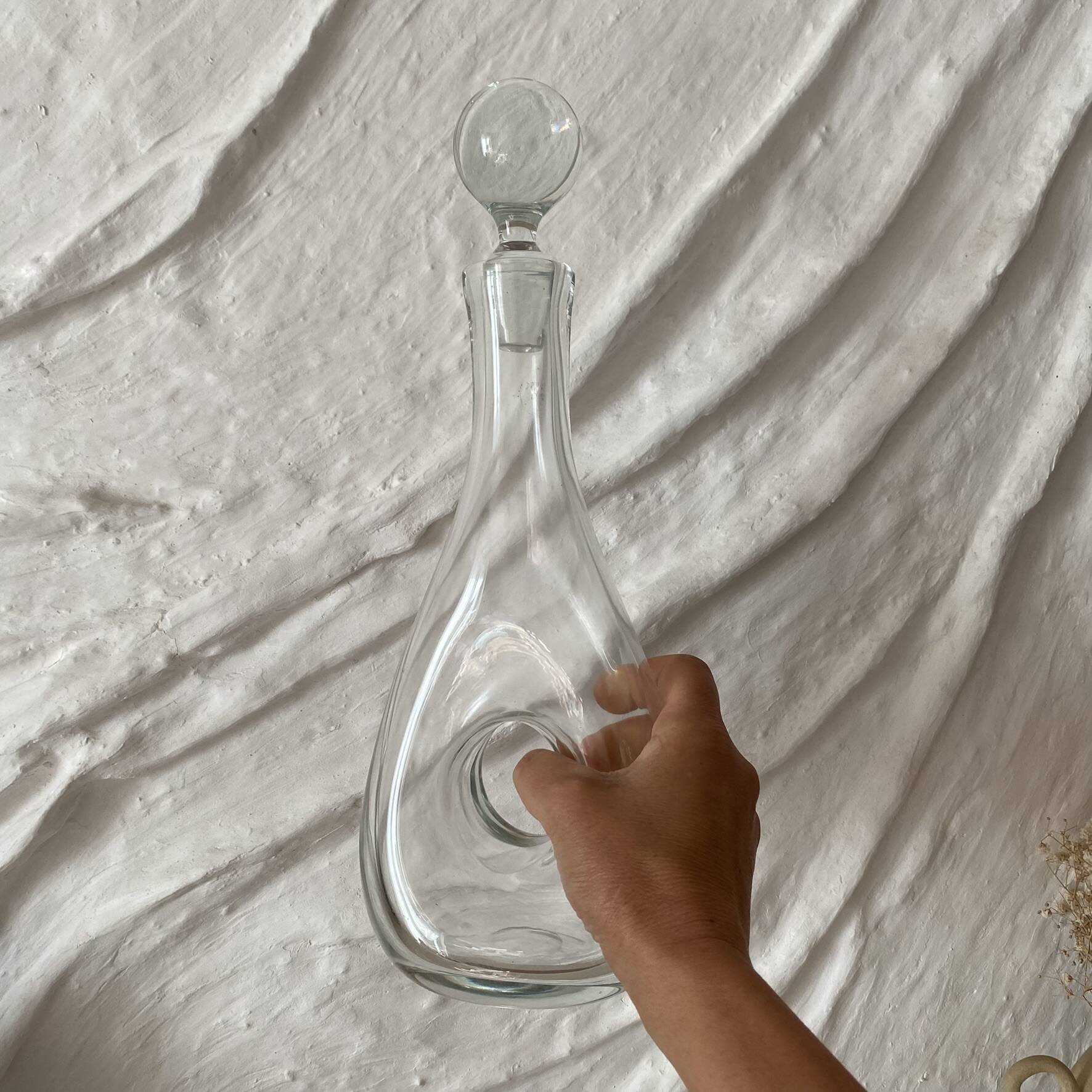 Large Dansk glass carafe, vintage Scandinavian design, ball stopper.