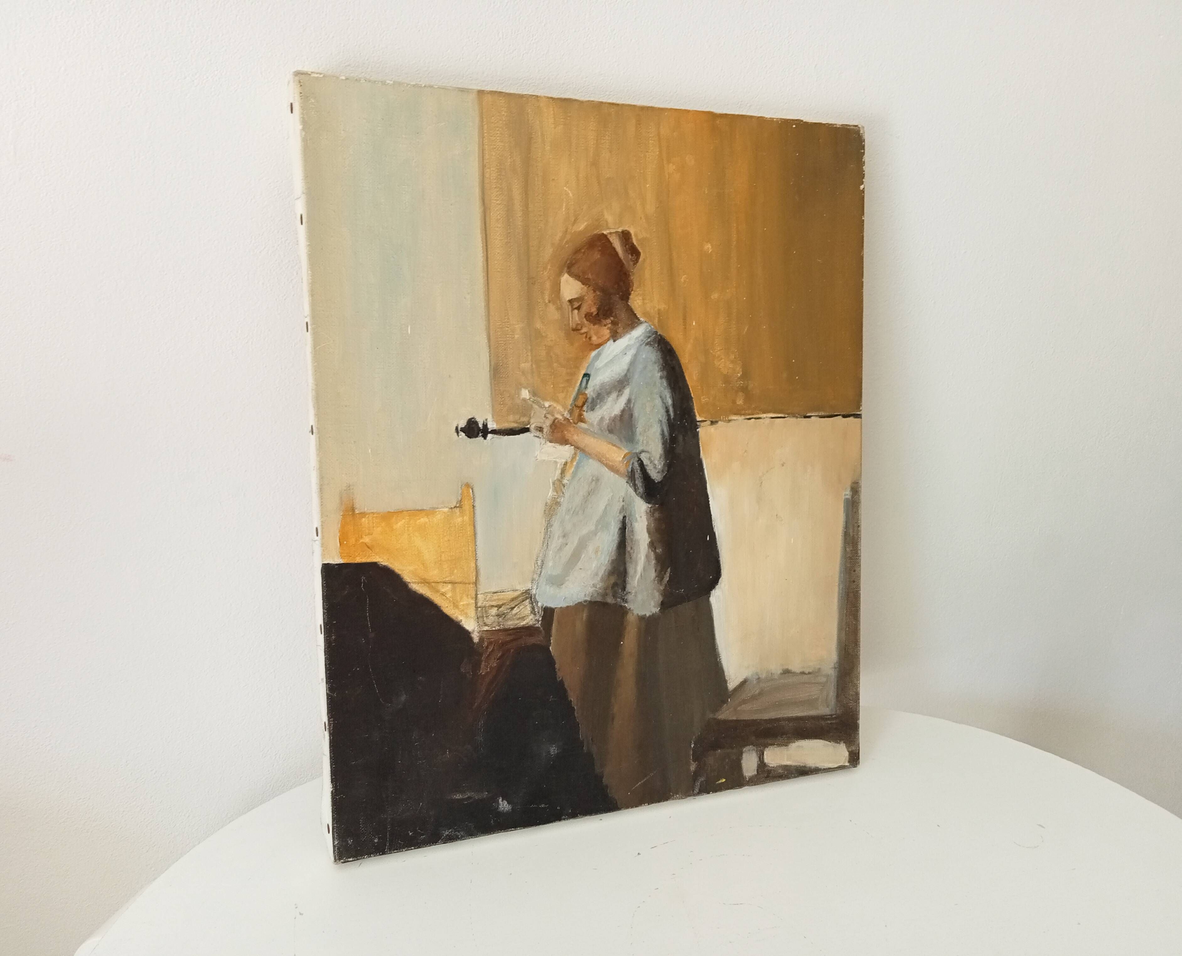 Oil on canvas "Woman in Blue Reading a Letter" after Vermeer