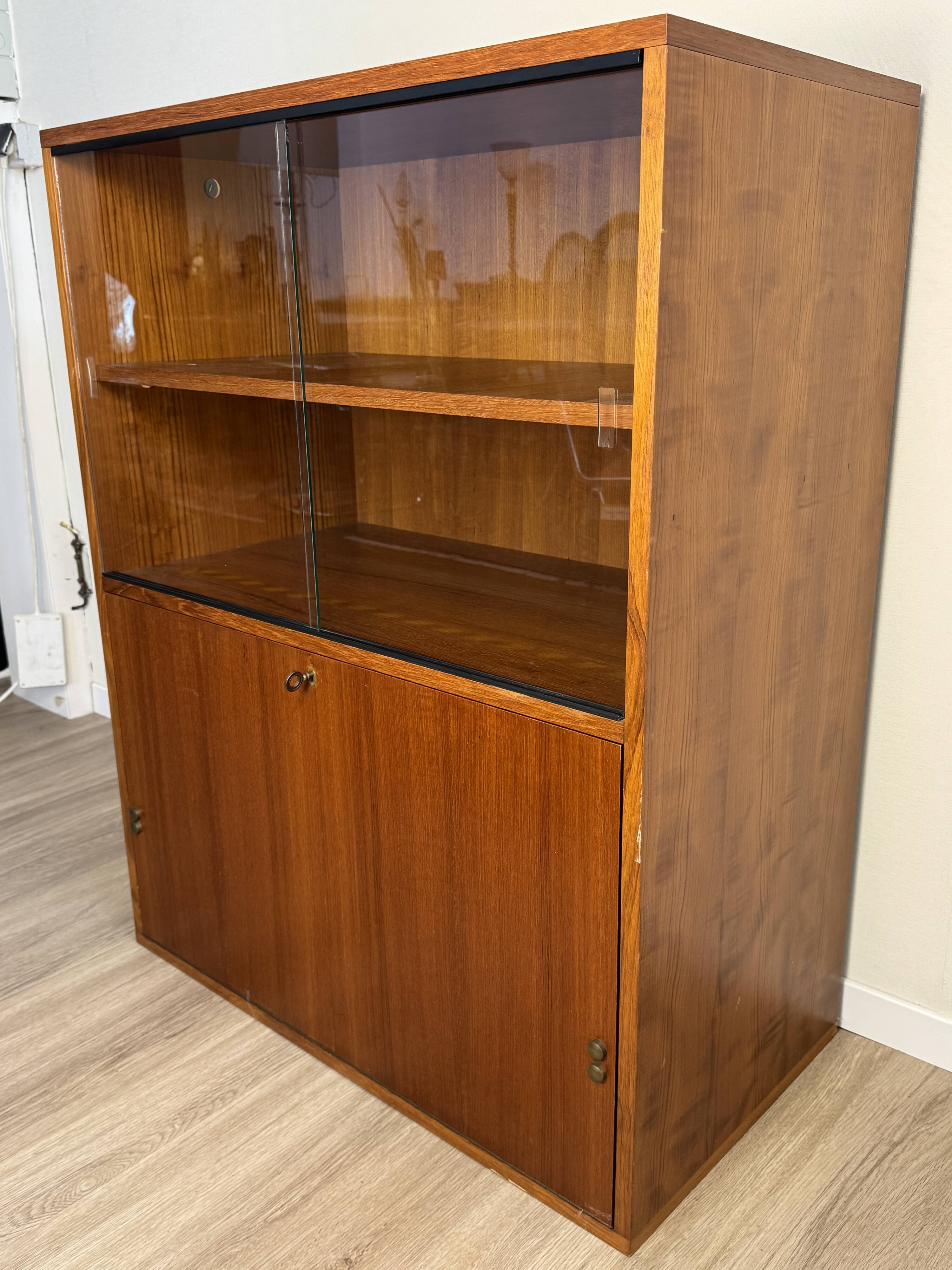 Teak furniture — sliding display cabinet + drop-down door
