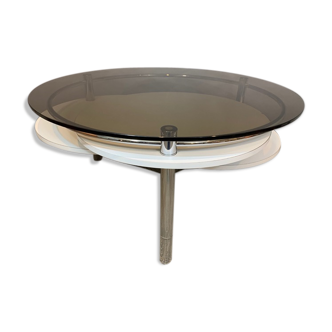 1970s space age concentric circle smoked glass, chrome and formica coffee table