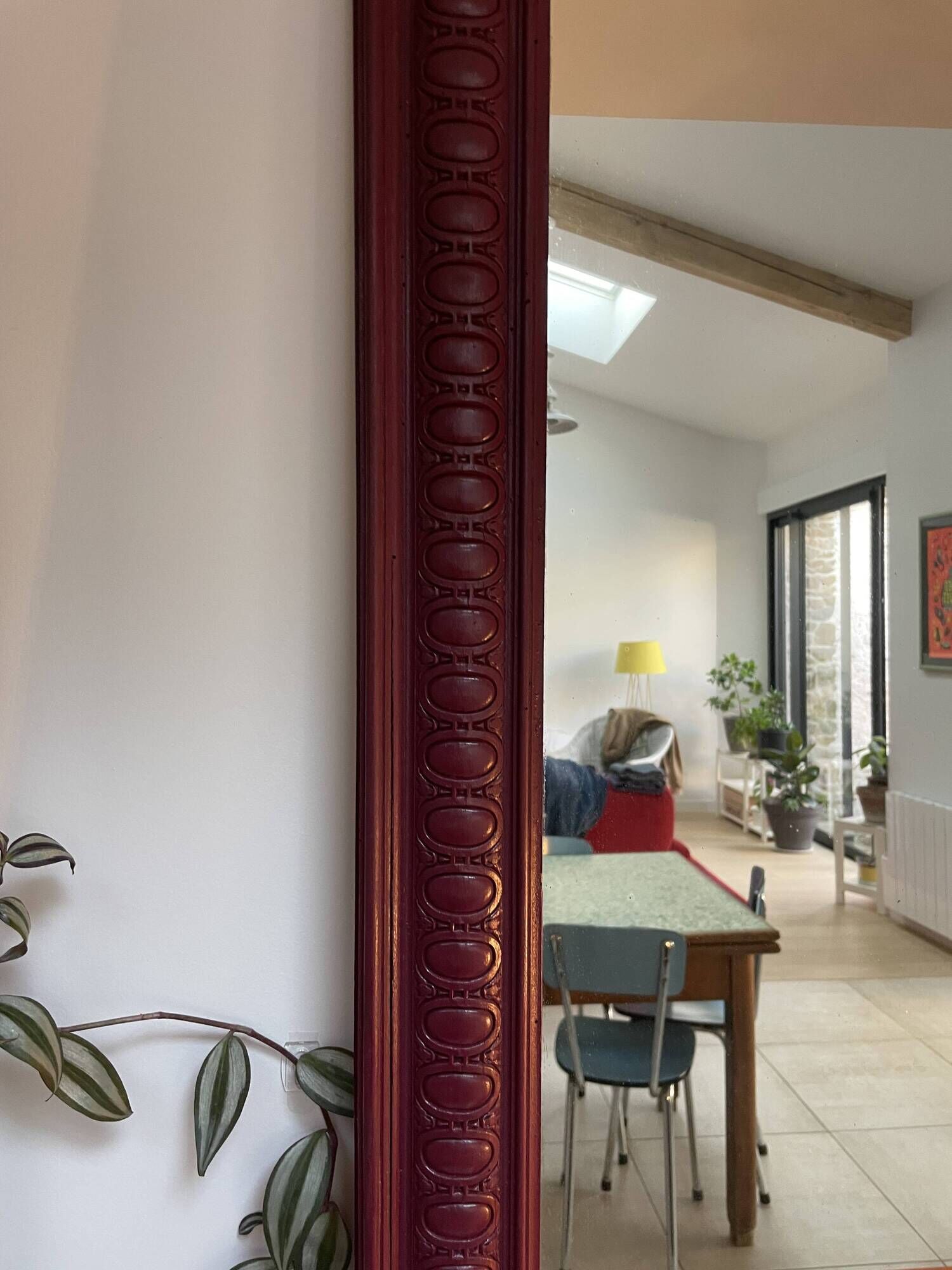 Large antique moulded mirror in wine red / plum (101 x 74 cm)