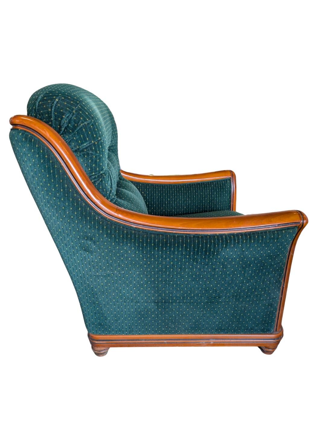2 fauteuils et pouf assorti en tissu vert et bois