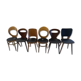 Suite de 6 chaises de bistrot Baumann dépareillées modèle Fourmi, Mondor, Mouette et Max Bill