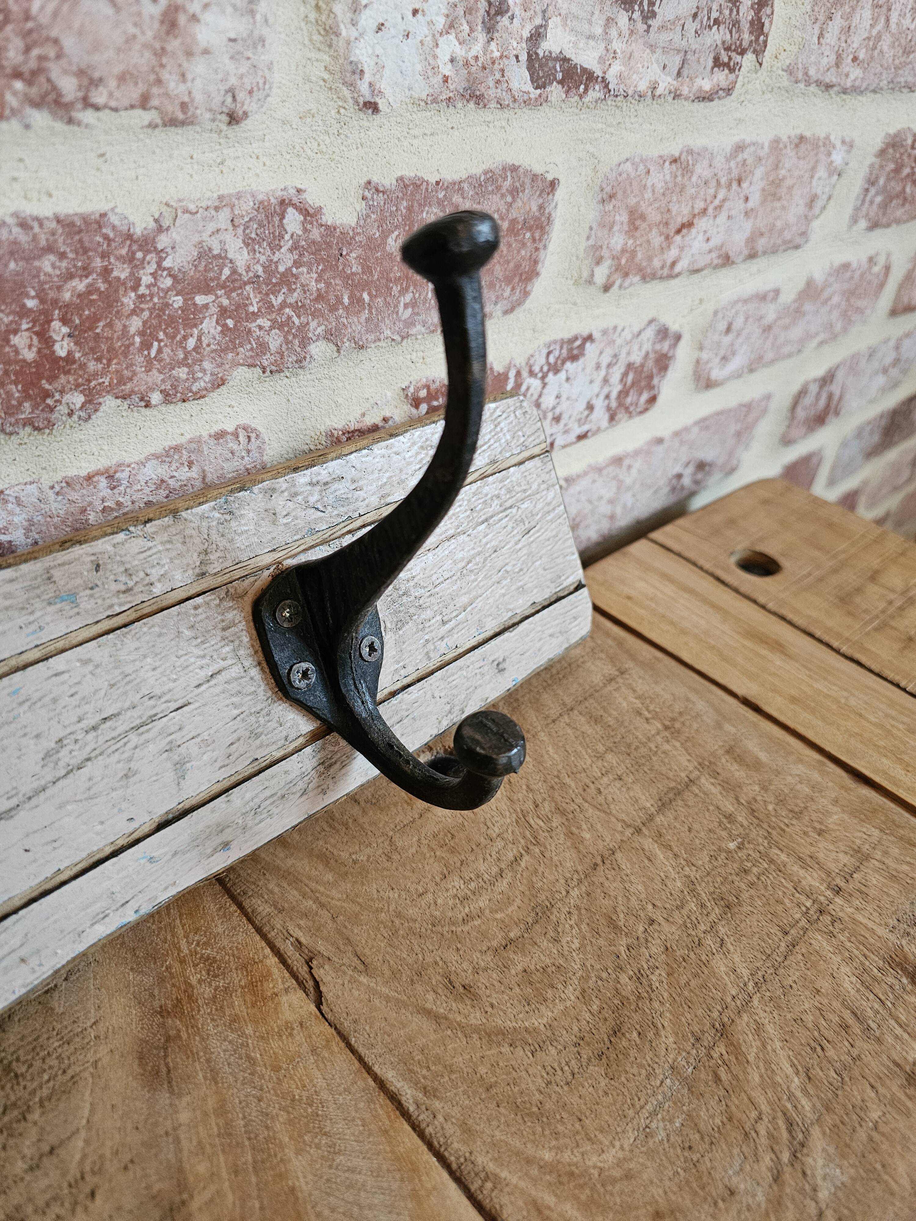 Solid teak coat hook with 4 double cast iron hooks