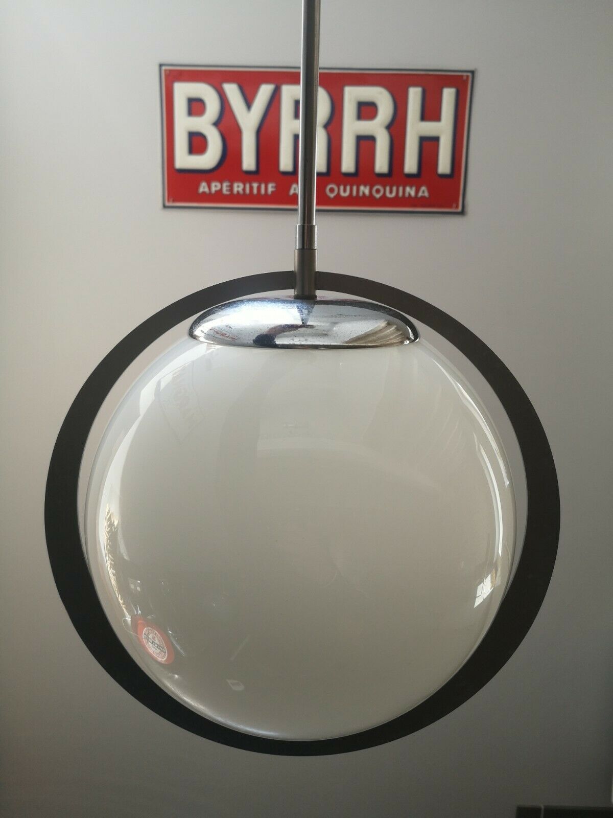 Old modernist suspension flat metal globe opaline period 1940