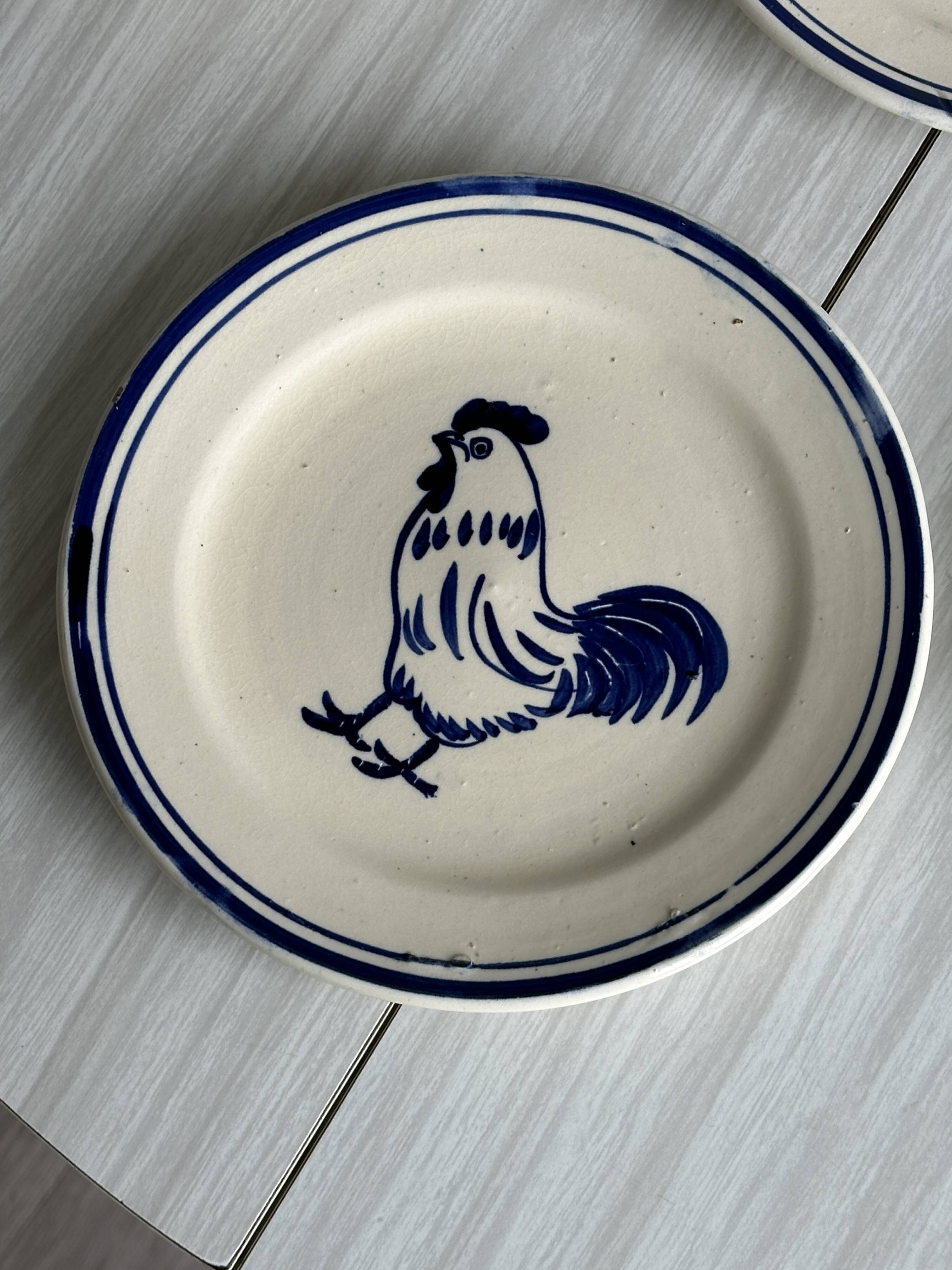 Set of 6 hand painted plates with rooster motif