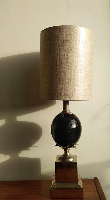 Lamp pineapple black glass and gold metal 1970