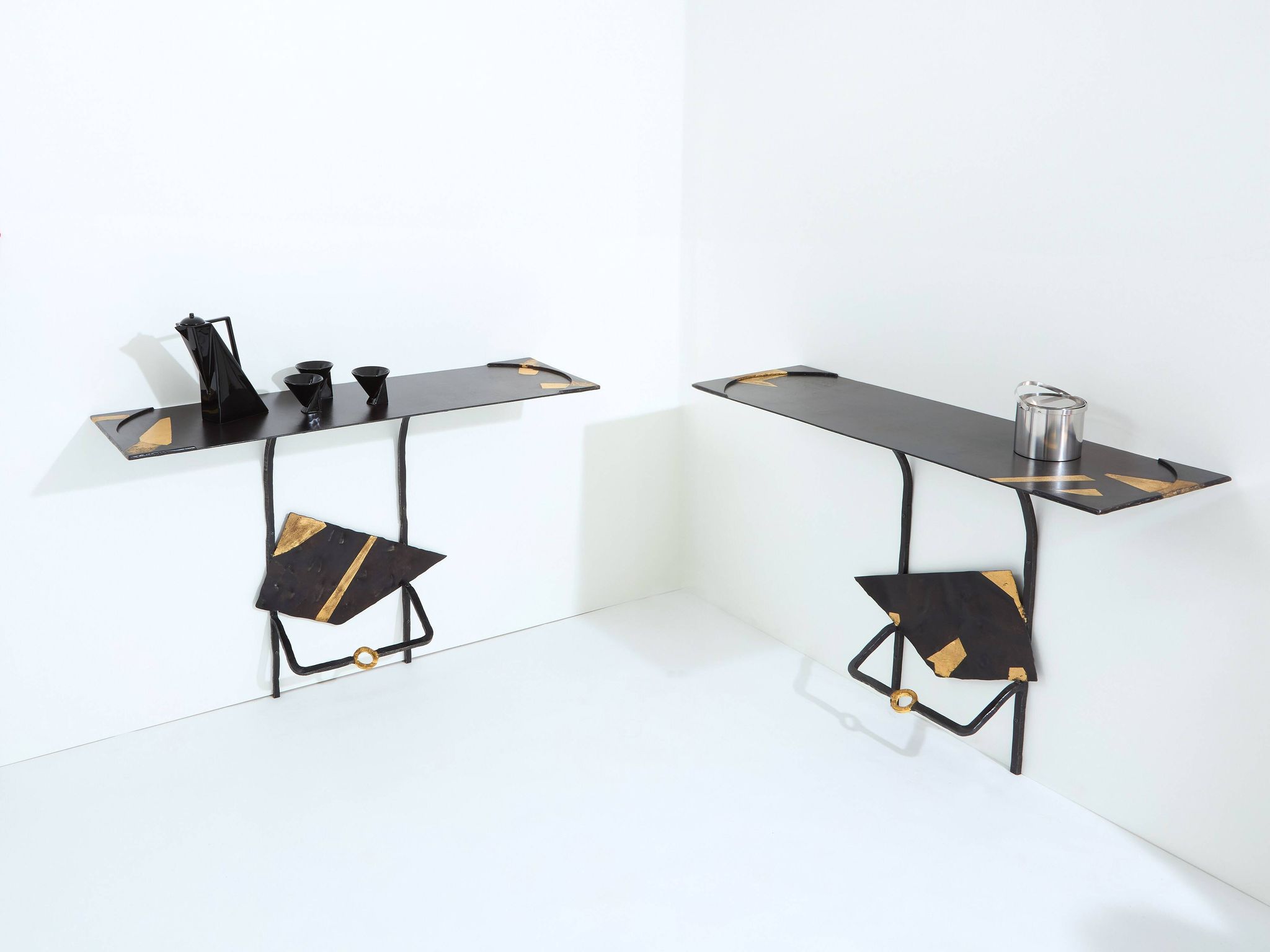 Pair of brutalist wrought iron consoles by Argueyrolles 1990