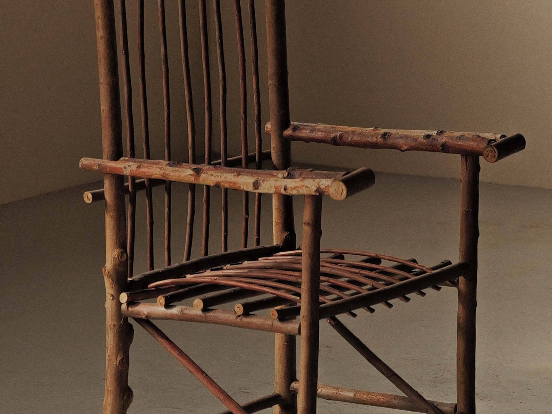 Brutalist armchair made of hazel branches, circa 1970.