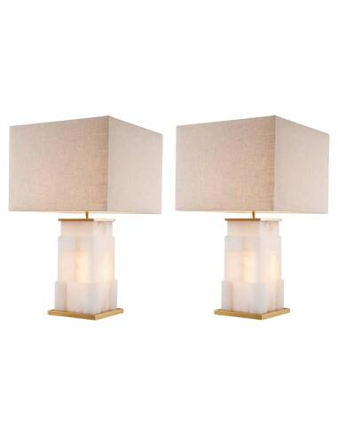 Pair of table lamps in alabaster and patinated brass
