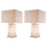 Pair of table lamps in alabaster and patinated brass