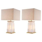Pair of table lamps in alabaster and patinated brass