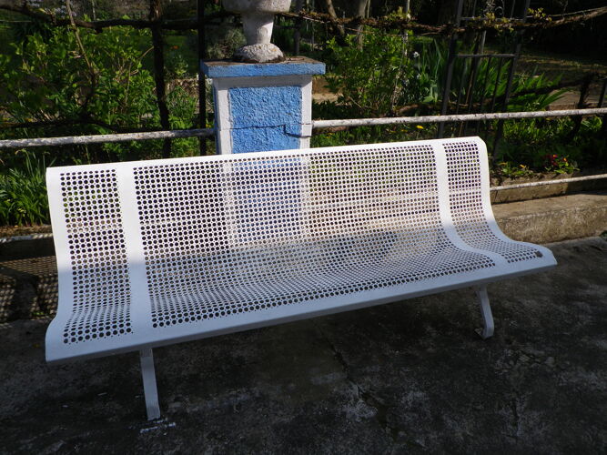Old public wrought iron bench painted white - 50s