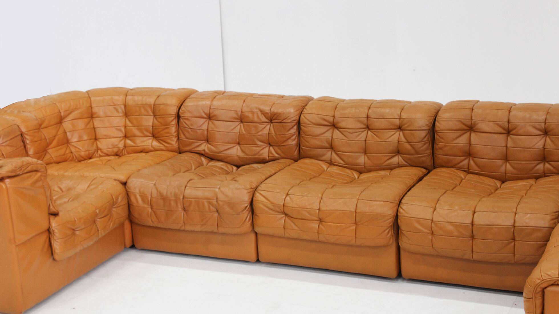 Canapé modulaire Vintage De Sede DS 11 en cuir patchwork cognac, ensemble de 7 pièces