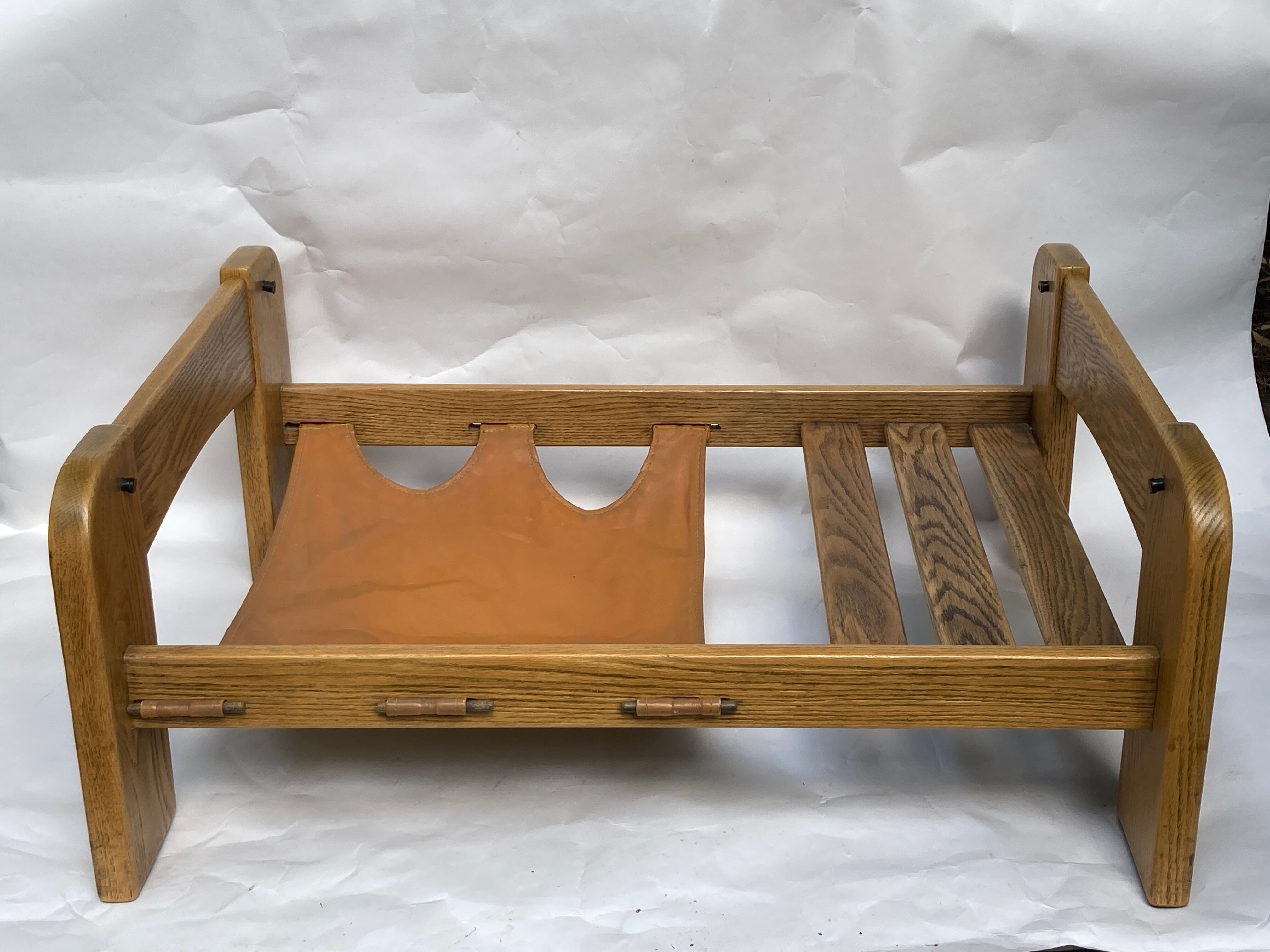 Brutalist wabi sabi slated coffee table with leather magazine holder