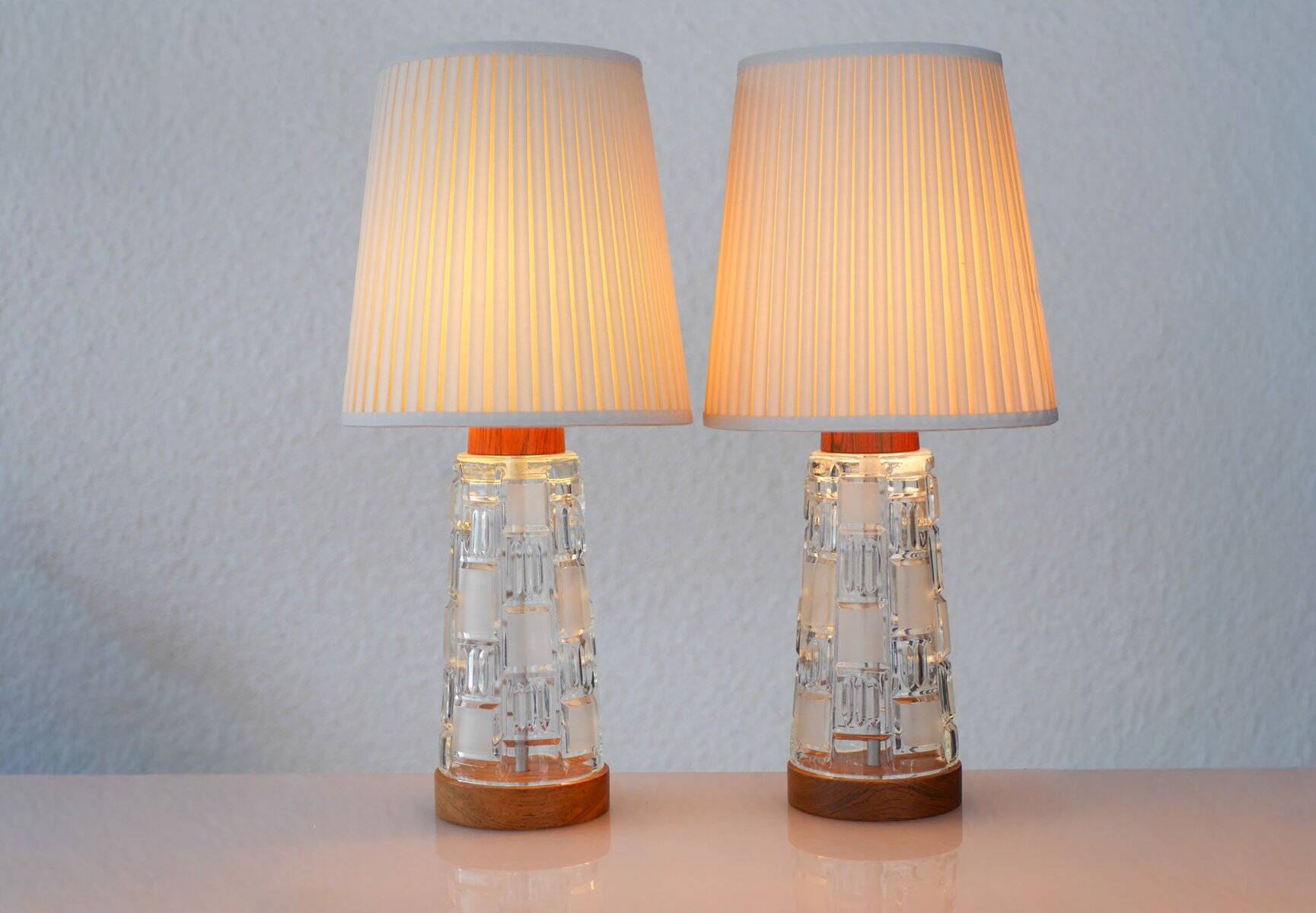 Mid-century modern Scandinavian teak and glass table lamps, set of 2