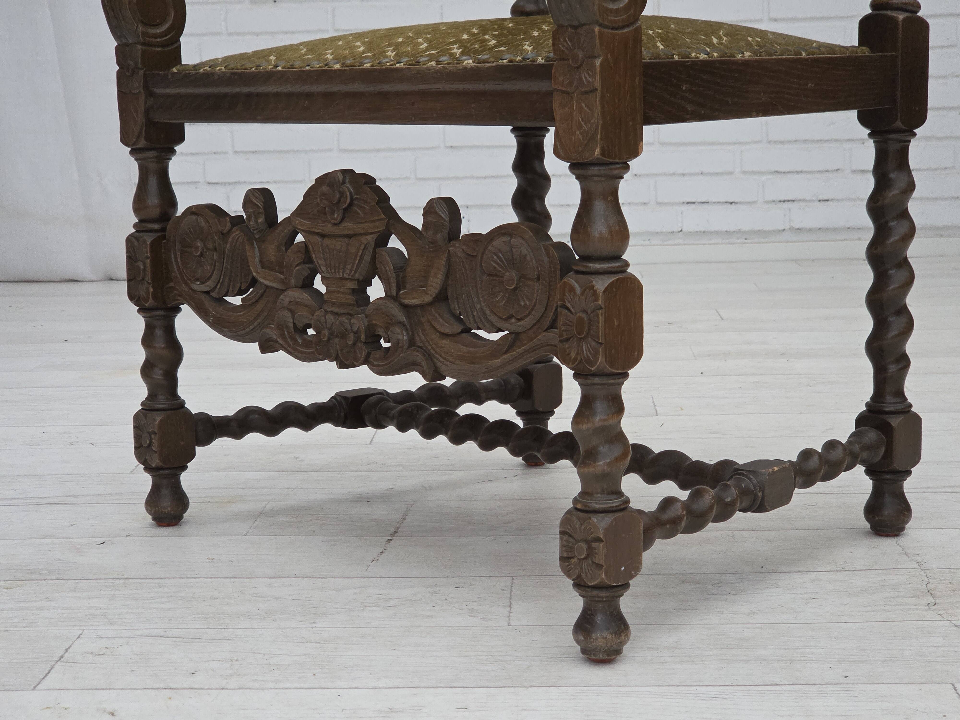 1930s, Danish highback armchair, furniture mesh, velour, carved oak wood.