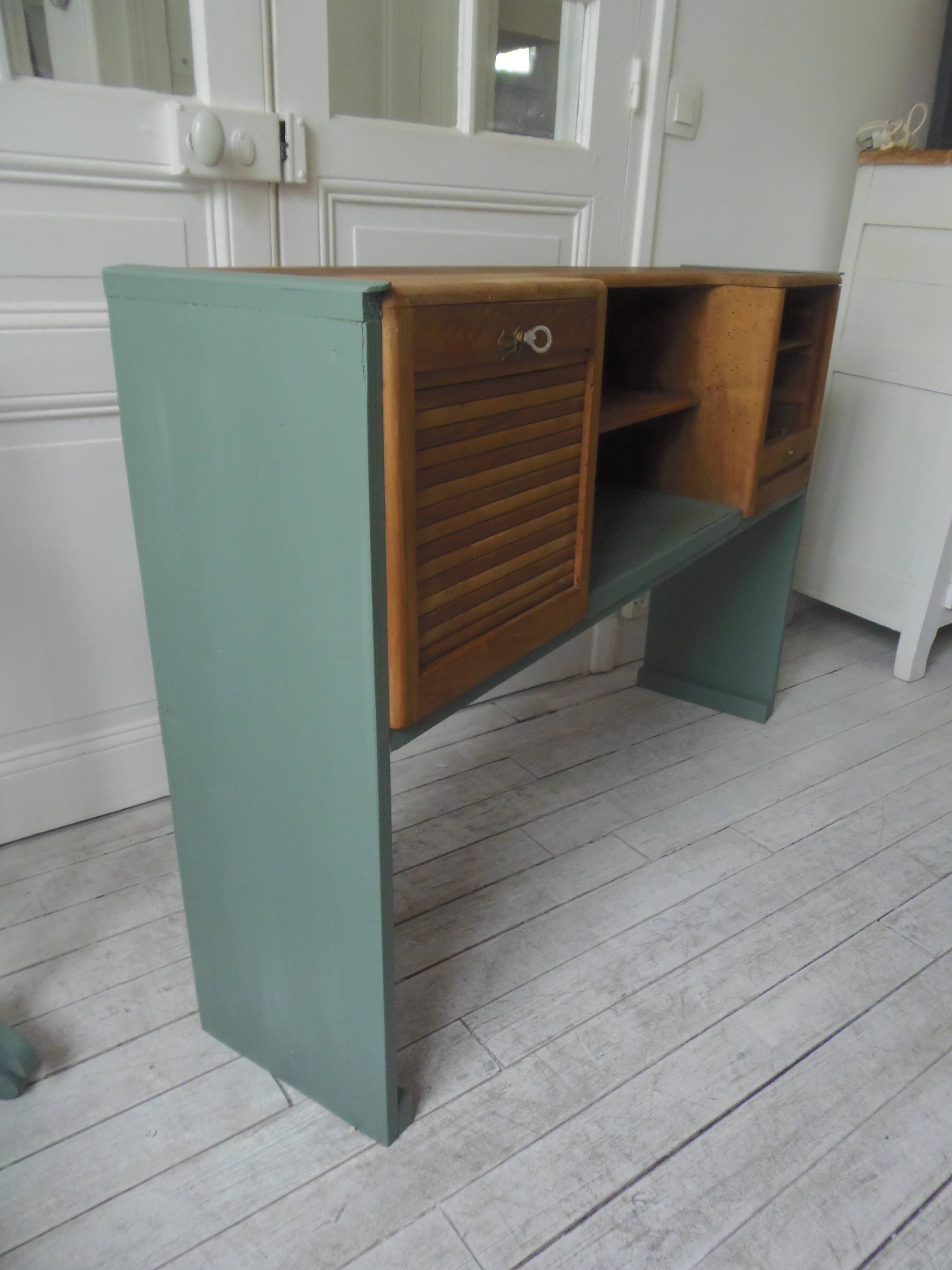 Console made with some old walnut elements. Unique smoky green piece.