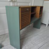 Console made with some old walnut elements. Unique smoky green piece.