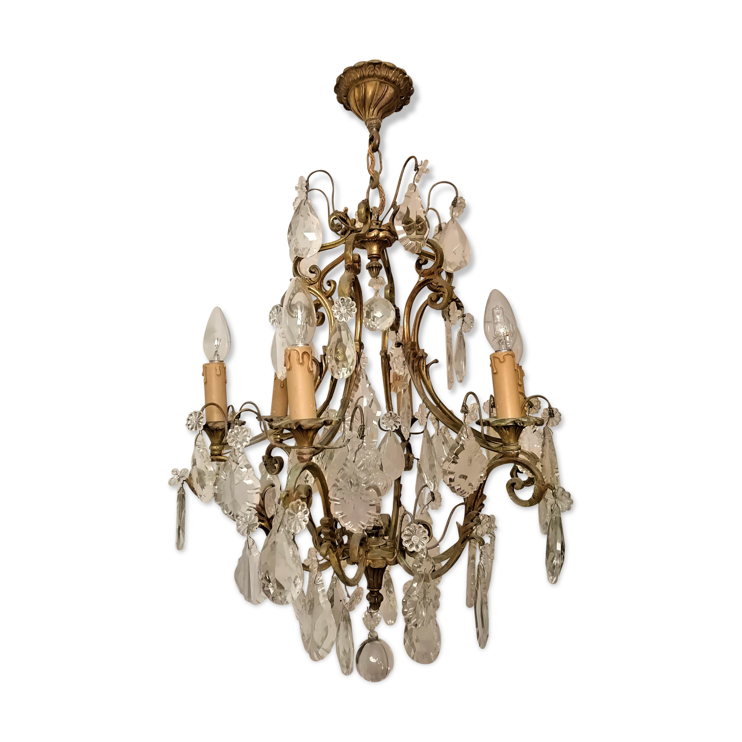 Old cage chandelier. Bronze and tassels. 6 arms of lights.