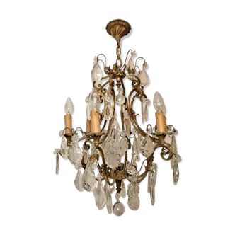 Ancien lustre cage. Bronze et pampilles. 6 bras de lumières.