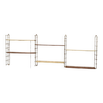 Large tomado style metal shelf 2 tones faux wood 4 chrome gold uprights 187×67hx17
