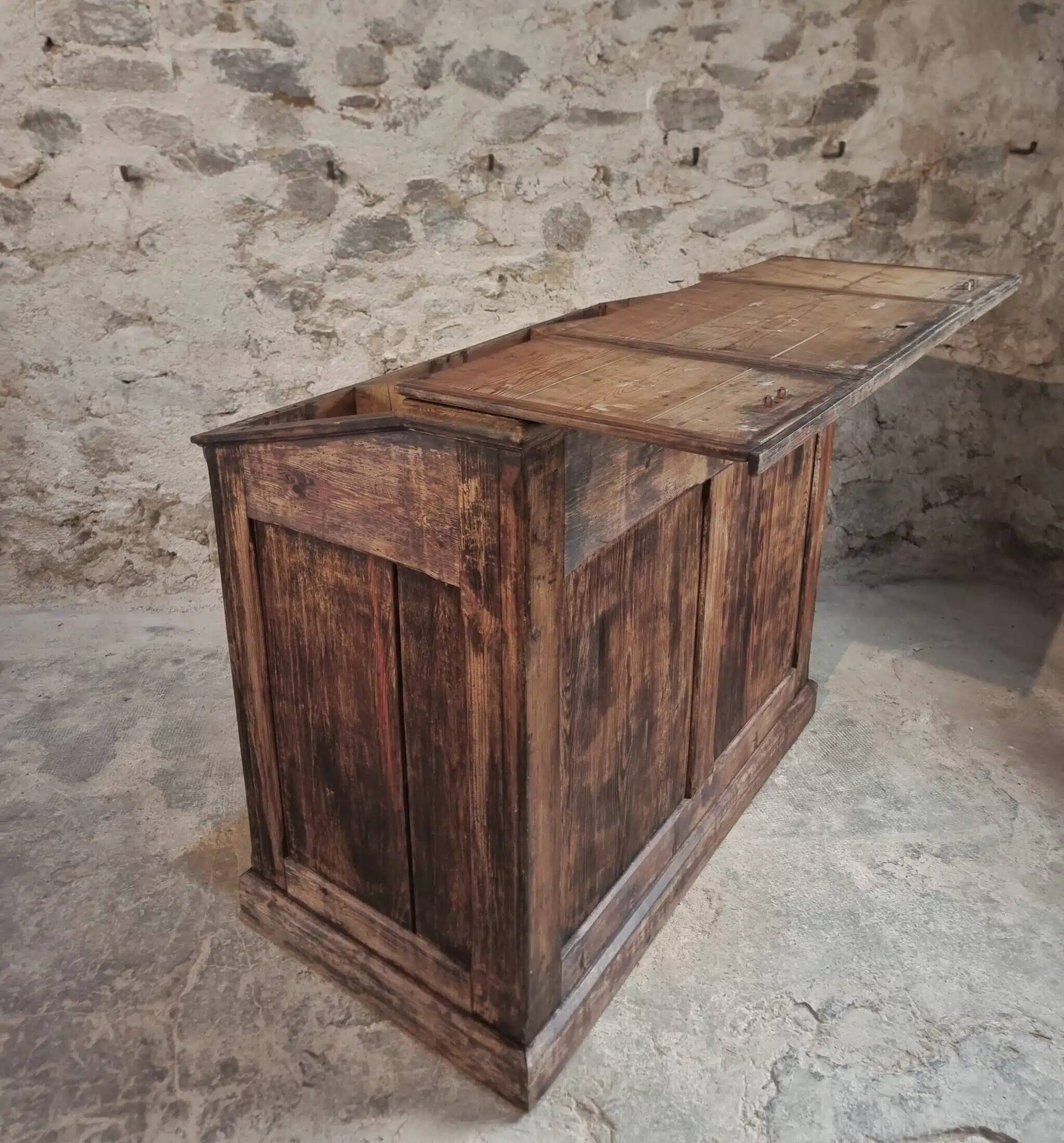 Antique French pine desk – 1880, bar/counter unit with drop-leaf compartments – 65×120×106 cm