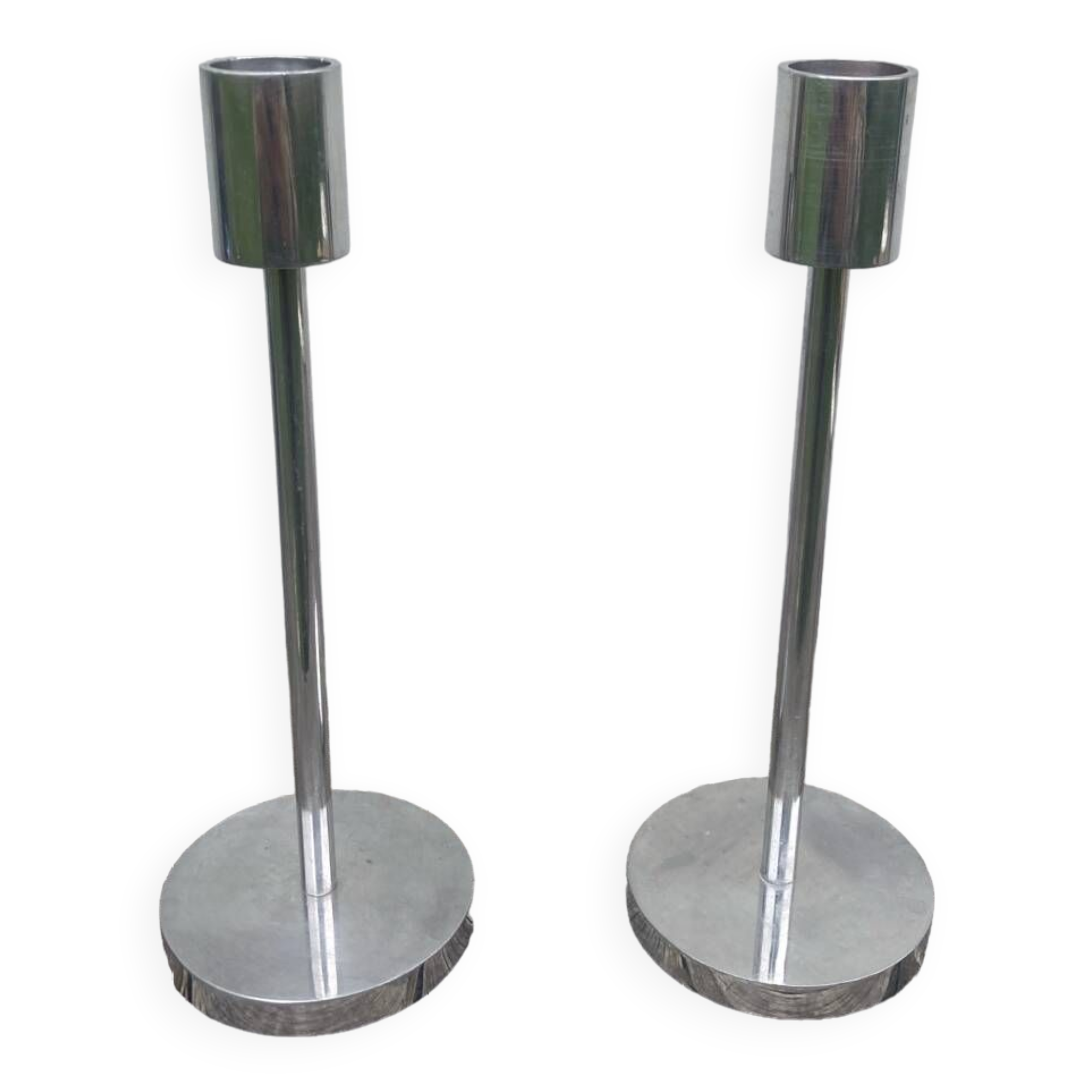 Pair of modernist aluminum candlesticks