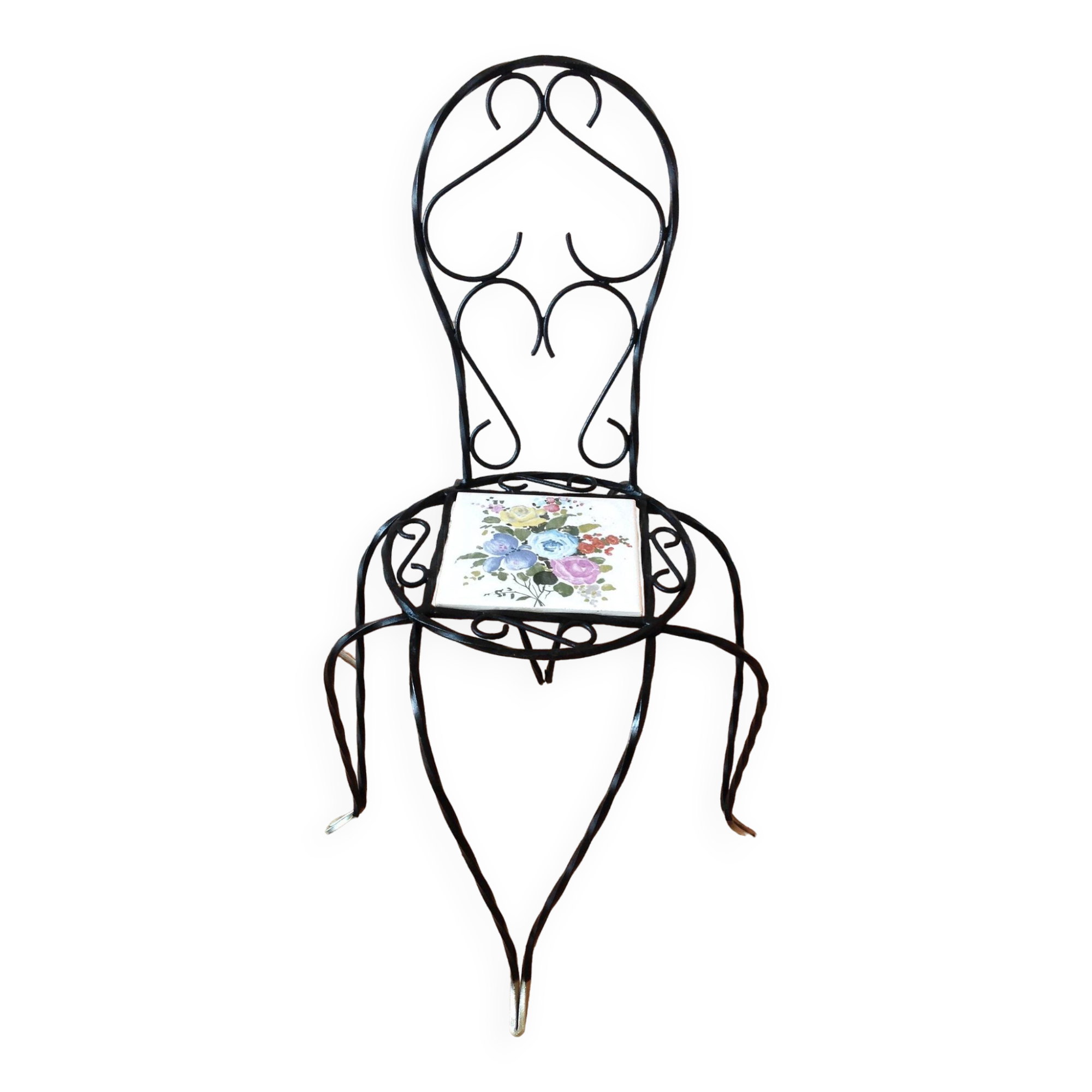Plant holder "chair" in wrought iron and earthenware / vintage 60s-70s