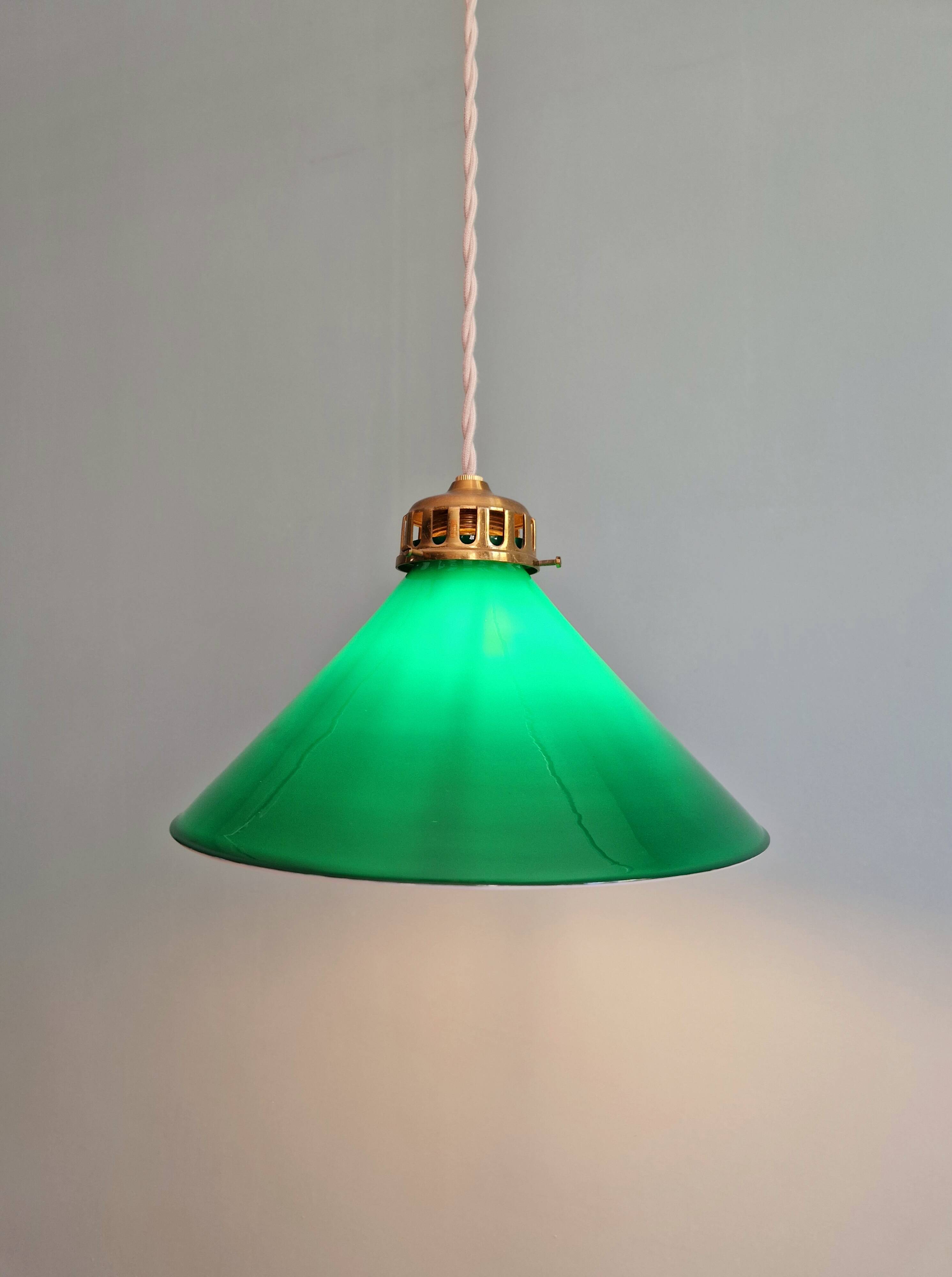 Art Deco pendant light in conical green opaline, 1920s-30s