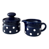 Vintage milk and sugar Wächtersbach ceramic blue and white, milk jug and sugar bowl, polka dots, 70s