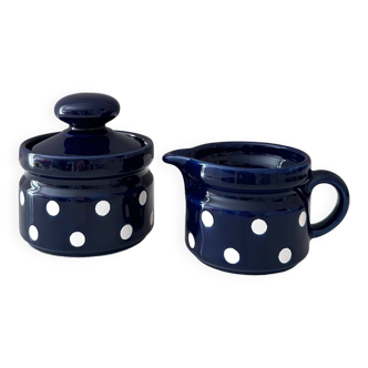 Vintage milk and sugar Wächtersbach ceramic blue and white, milk jug and sugar bowl, polka dots, 70s