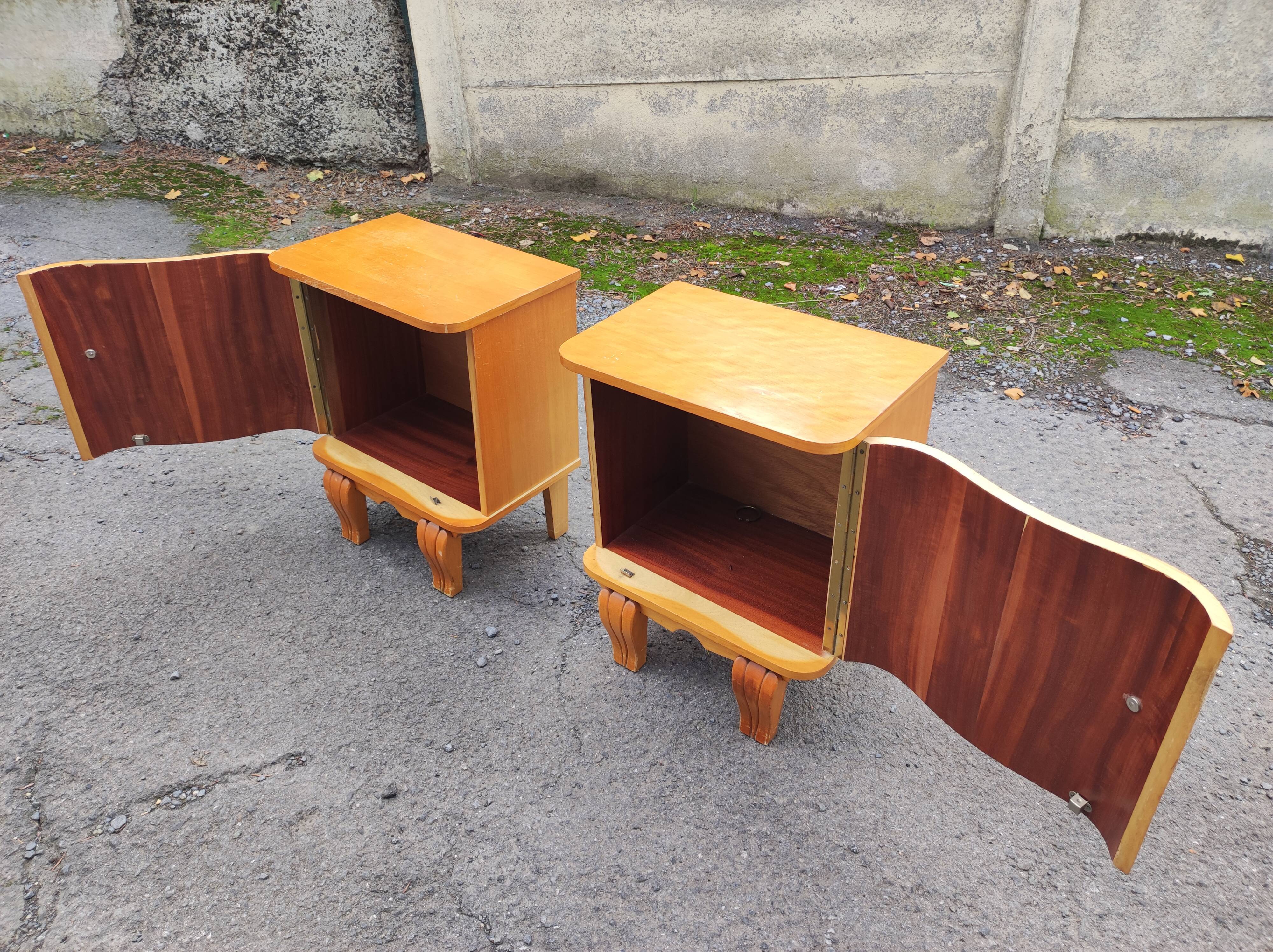 Pair of vintage curved wood bedside tables art deco style