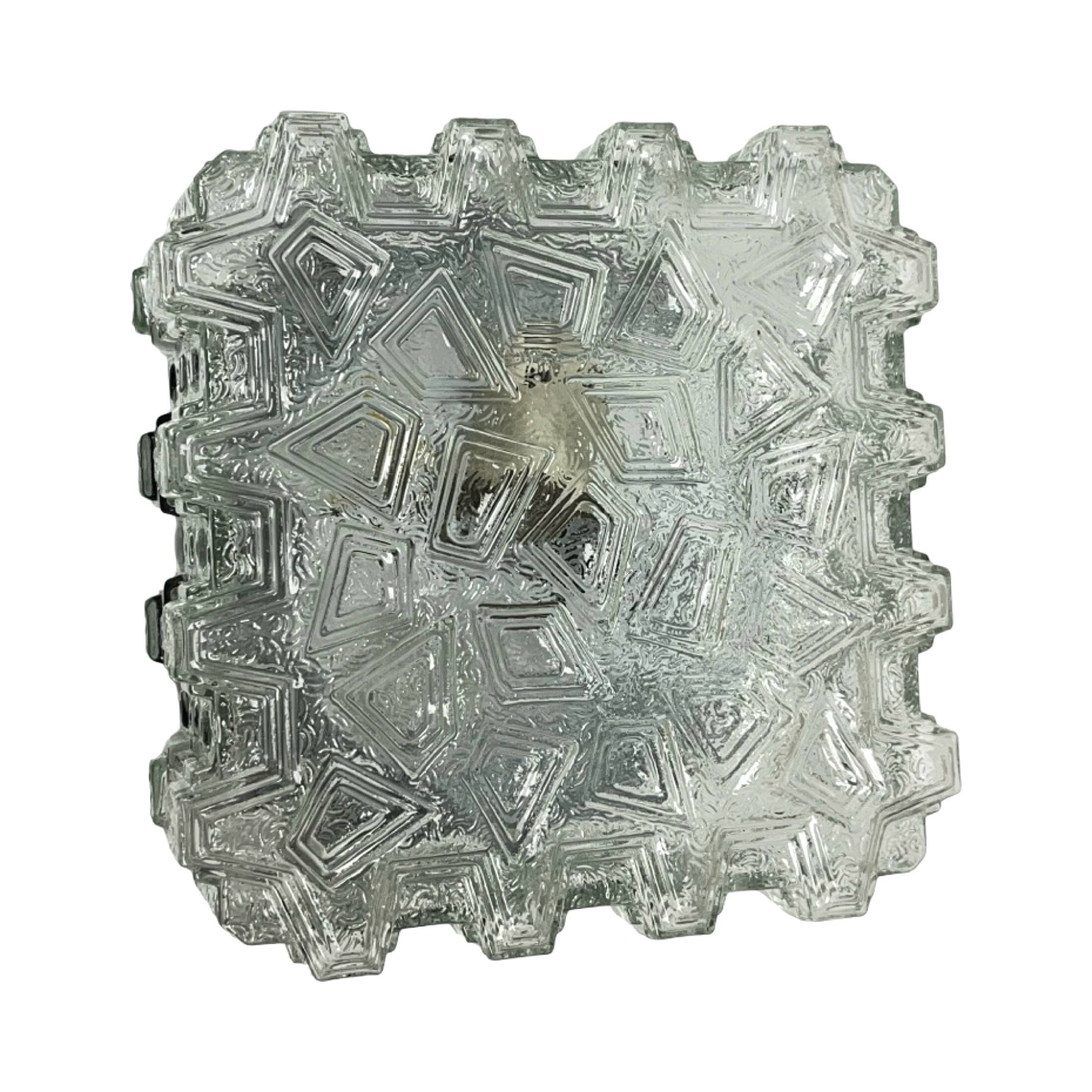 1970s square Hillebrand ceiling light made of thick pressed glass.