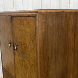 1950s English sideboard with drawers, Art Deco style, in walnut burl.