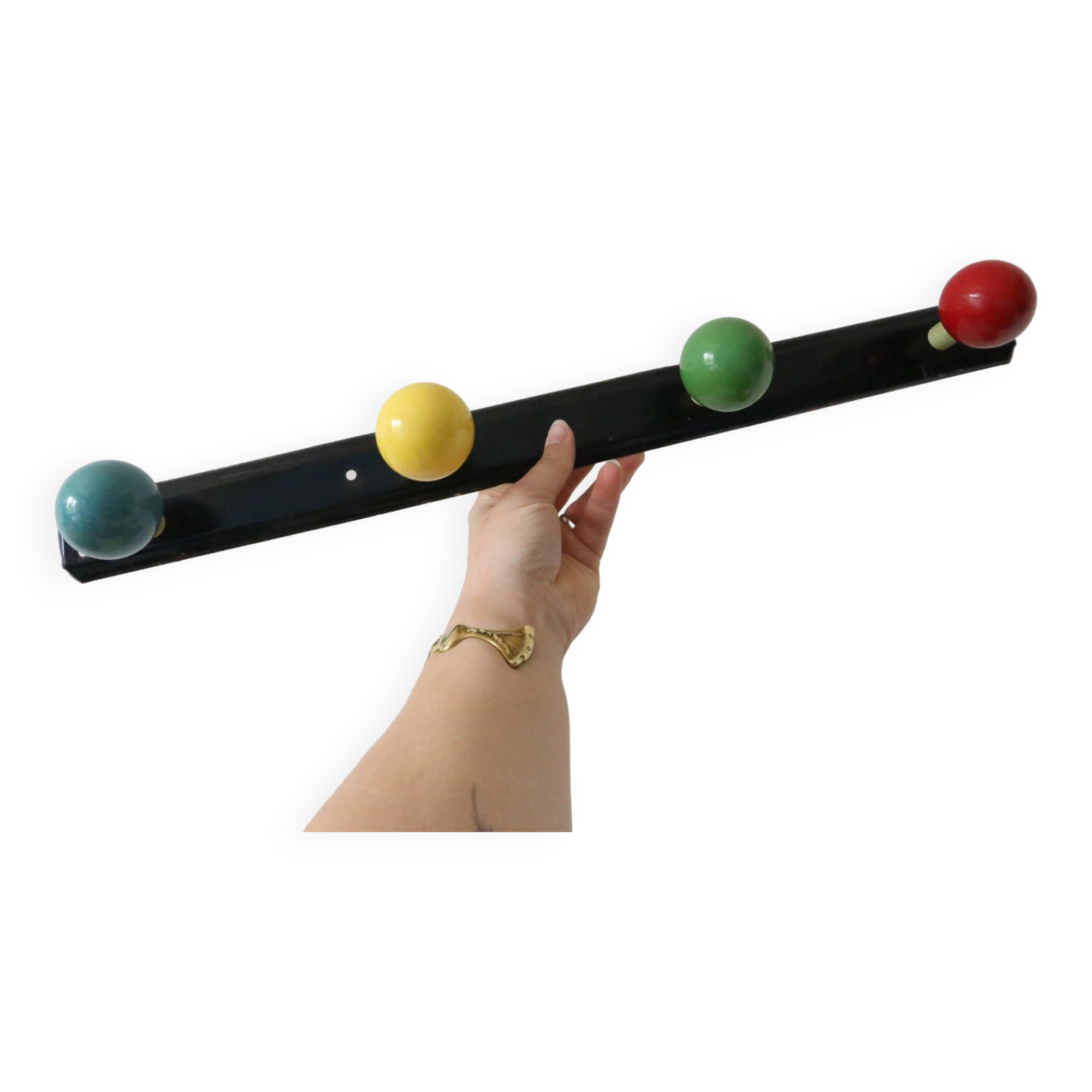 Wall-mounted coat rack, metal and colored wooden hook, 1960